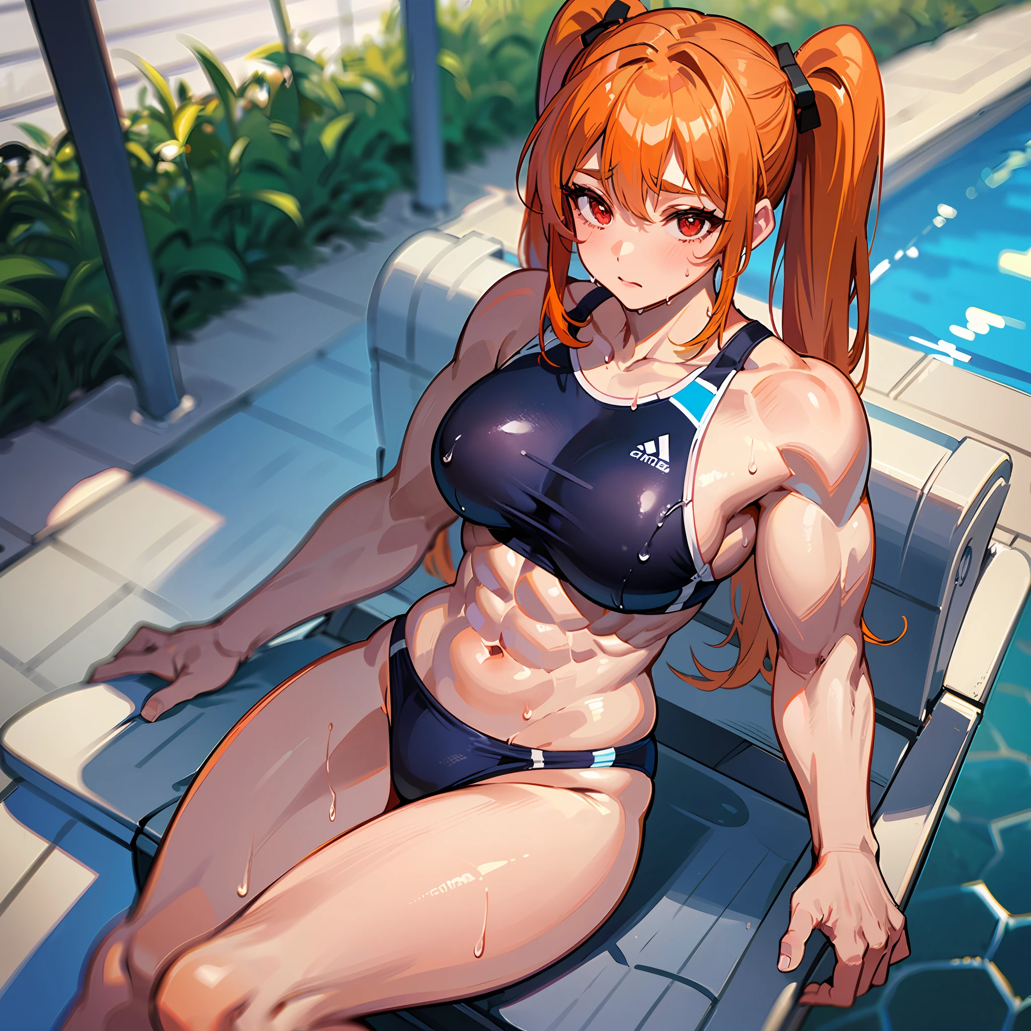 ((masterpiece))、((Top image quality))、((top-quality))、(((Illustration of one woman)))、(((Muscle Girl)))、full body Esbian、((30-years old))、((neuter))、((twin tails with orange hair))、Red Eyes、((Long body))、(((perspiring)))、((Steam wafting all over the body))、((Body wet with sweat))、(((Muscular and strong body)))、((Split abs))、(((muscular and thick arms)))、(((muscular and thick thighs)))、((manspreading))、((Sports Swimwear))、Sitting on a deck chair、in poolside