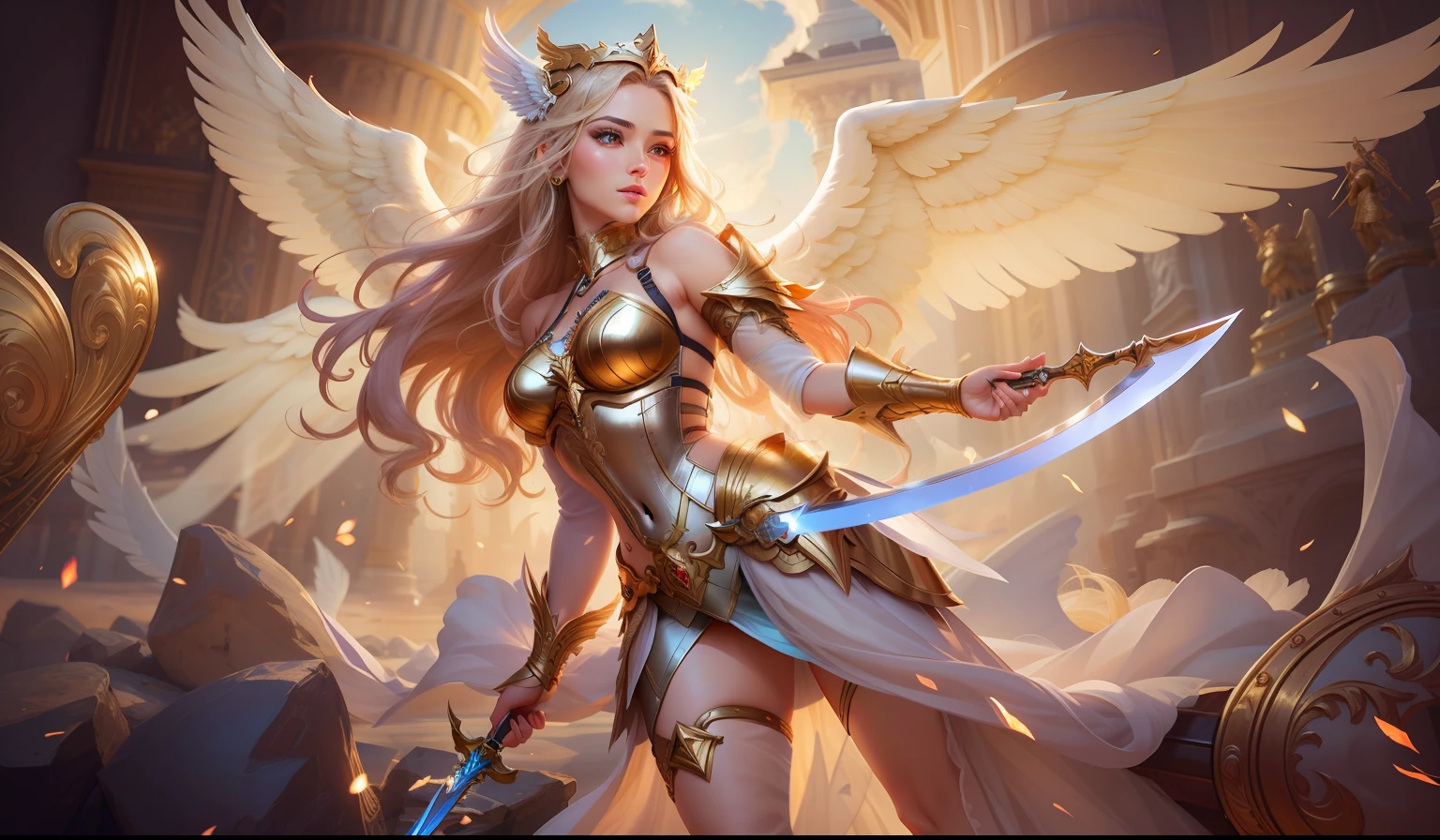 a close up of a woman with a sword and wings, extremely detailed artgerm, of beautiful angel, full - body majestic angel, goddess of light, ig model | artgerm, artgerm lau, artgerm on artstation pixiv, golden goddess athena, angel knight girl, beautiful female angel, as a mystical valkyrie