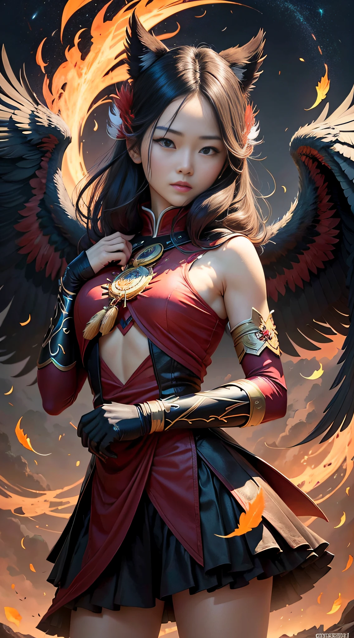 Chongming Bird，In both eyes，Each has two pupils，eye closeup，The body is huge，immensity，Red feathers，Strong wings，Can soar high in the sky，The body shines brightly，light glow，Like a roaring flame，火焰，Bright light can illuminate the dark night sky，nigh sky，breath-taking，It's powerful，Able to fight beasts，It can drive away disasters such as beasts and monsters --auto