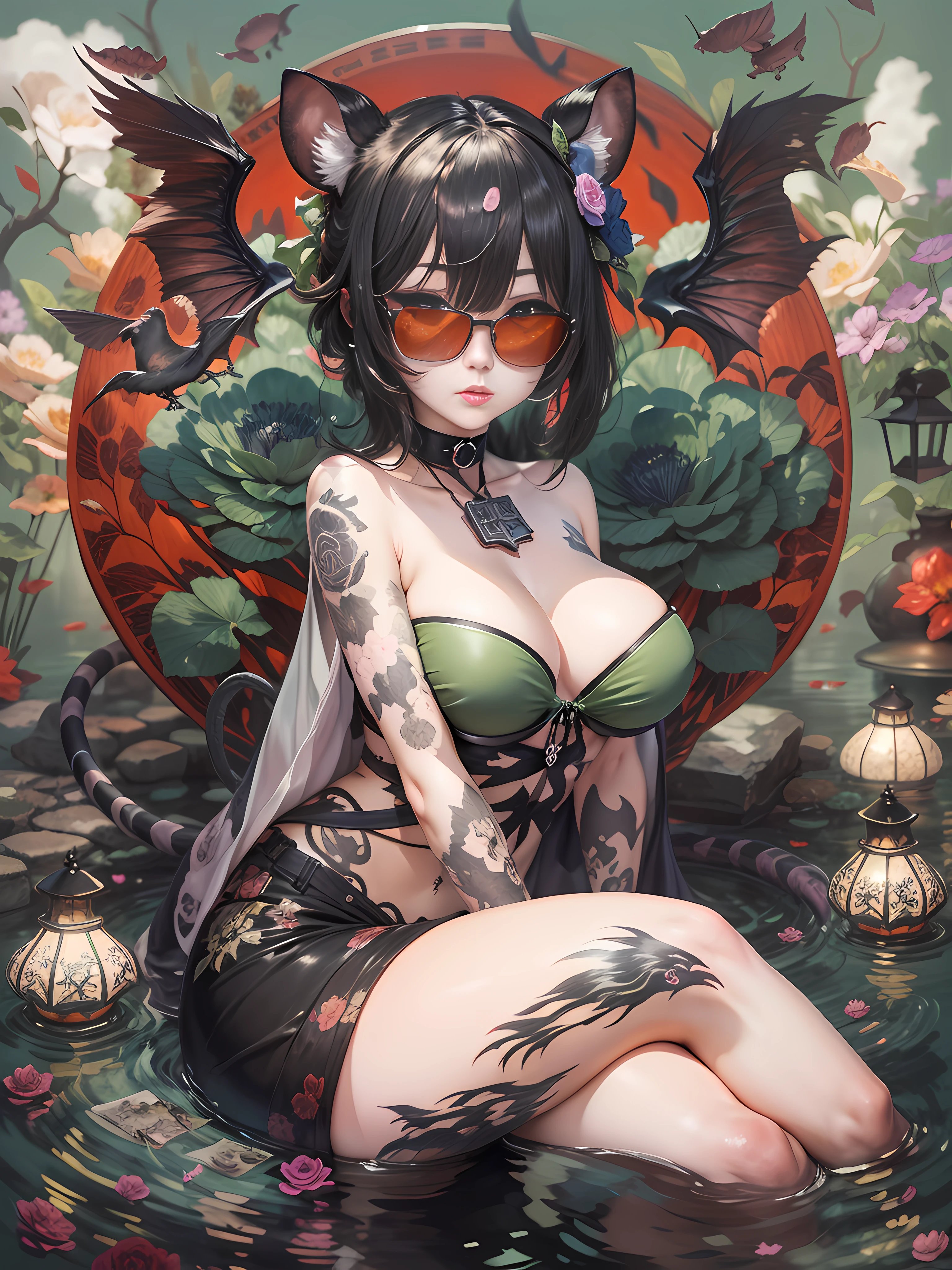 faux traditional media,Mouse pad (mediating),photomosaic,partial underwater shot,black roses,Onsen,Cloud,lantern/lamp lights,Green theme,white thighhighs,Red eyes,Tongue out,Bikini,swimsuit,choker necklace,Large breasts,kemonomimi mode,1girll,view the viewer,Upper body,sunglasses,double tails,Sitting,tattoo,Demon wings,