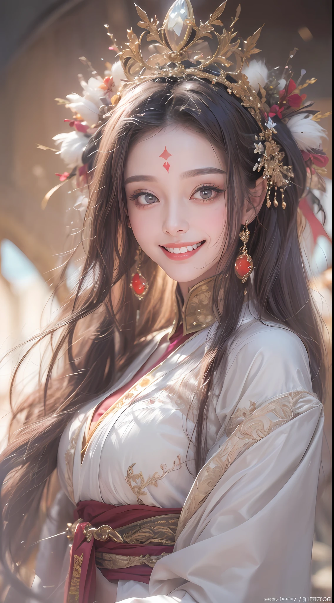 portrait of a beautiful 20-year-old saintess, wearing a thin multicolored silk dress, beautiful face, ((((smile:1.6))), ((7-color long hair:1.2)), big fitting crown, hair brooch, hanfu dress, chinese ancient style, full body jewelry, forehead tattoo, super regular breasts, face, finely detailed red lips, thin and detailed eyes ((white and even teeth: 1.8))), the goddess' skin is smooth and white, rosy, cinematic, light and dark, dramatic light, magic light, extremely detailed light, true color, super sharp, realistic, 8k quality, fantasy universe background, saintess and magic space, the most detailed image,