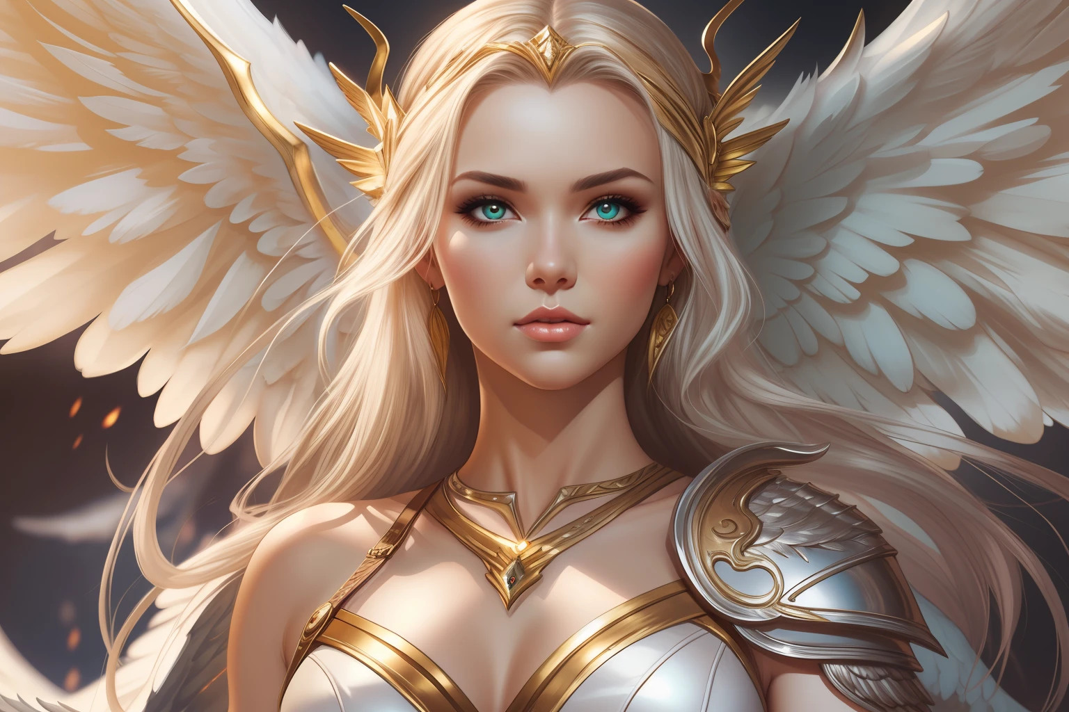 a close up of a woman with a sword and wings, extremely detailed artgerm, of beautiful angel, full - body majestic angel, goddess of light, ig model | artgerm, artgerm lau, artgerm on artstation pixiv, golden goddess athena, angel knight girl, beautiful female angel, as a mystical valkyrie