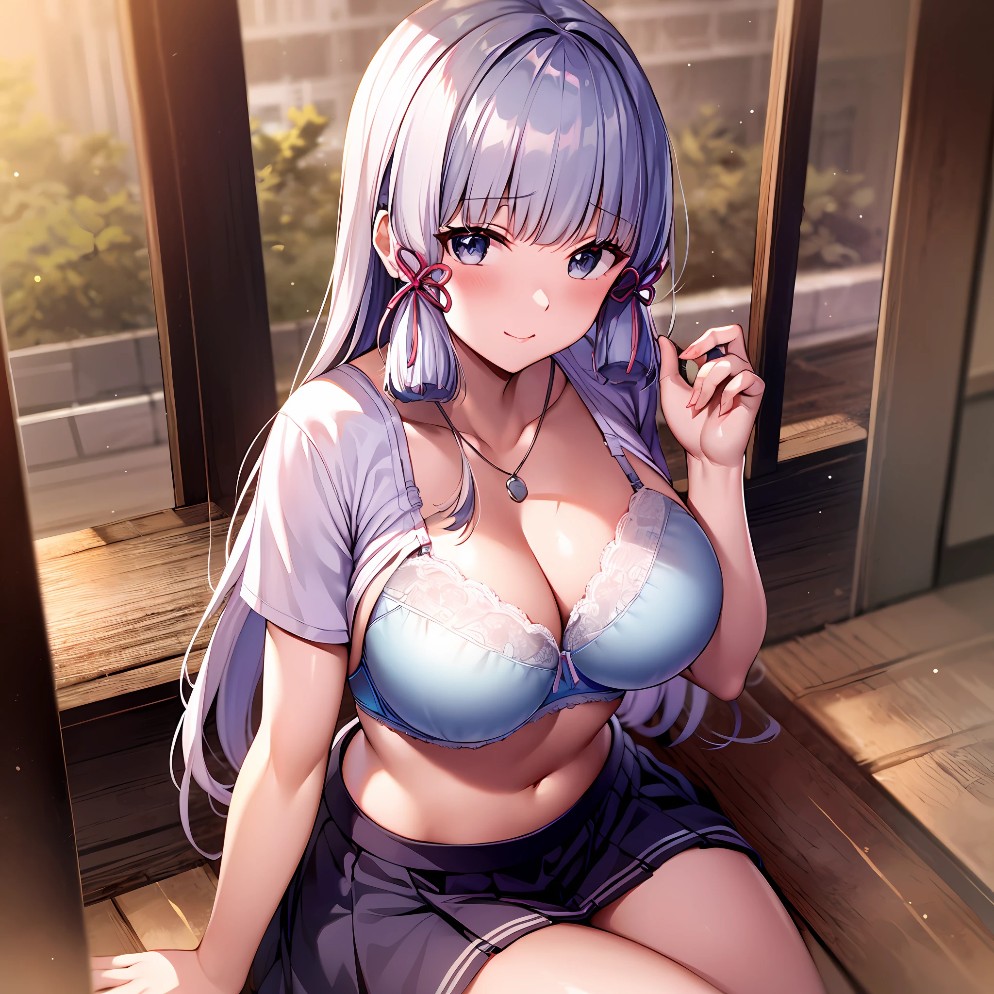 1kamisato ayaka, silver hair, large breasts,, cleavage, navel, t-shirt, ((bra)),clothes lift, skirt, lying, full Body,sexy body,sitting