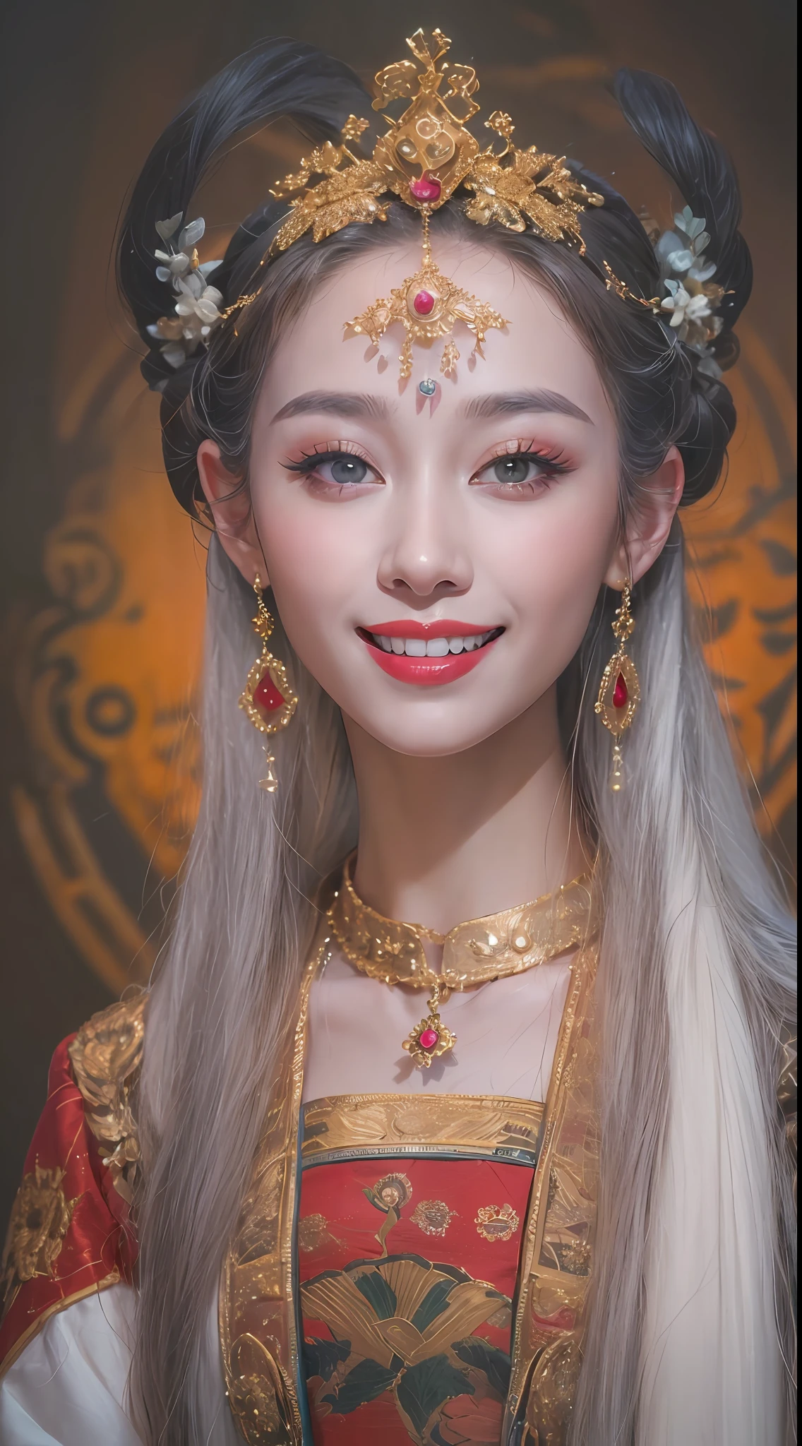 upper body portrait of a beautiful 20 year old holy woman, wearing a thin multicolored silk dress, beautiful face, (((smile:1.6))), ((7colors long hair:1.2)), big fitting crown, hair brooch, hanfu dress, ancient chinese style, full body jewelry, tattoo pasted on forehead area, super regular breasts, detailed eyes, finely detailed red lips and eyes, fine detailed makeup and eyes , (((white and even teeth: 1.8))), the holy woman's skin is smooth and rosy white, cinematic photos, light and dark photos, impressive light, magical light, extremely detailed light, true colors, super sharp, realistic, 8k quality, illusory universe background, saints and earth, super detailed images,