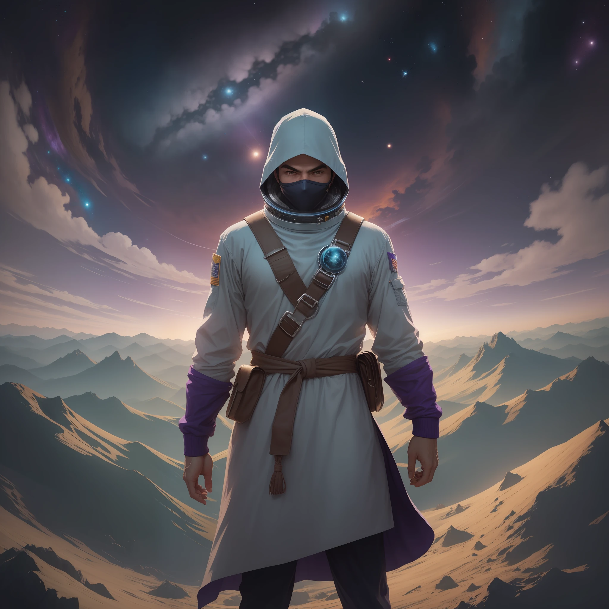 homem gigante,cabelos curtos pretos,roupas pretas,caminhando sobre um mundo pequeno,mundo roxo,montanhas escuras,nuvens roxas,imagem de alta qualidade, super realista, Man with ninja mask,view of space,homem com idade de 19 anos,de costas