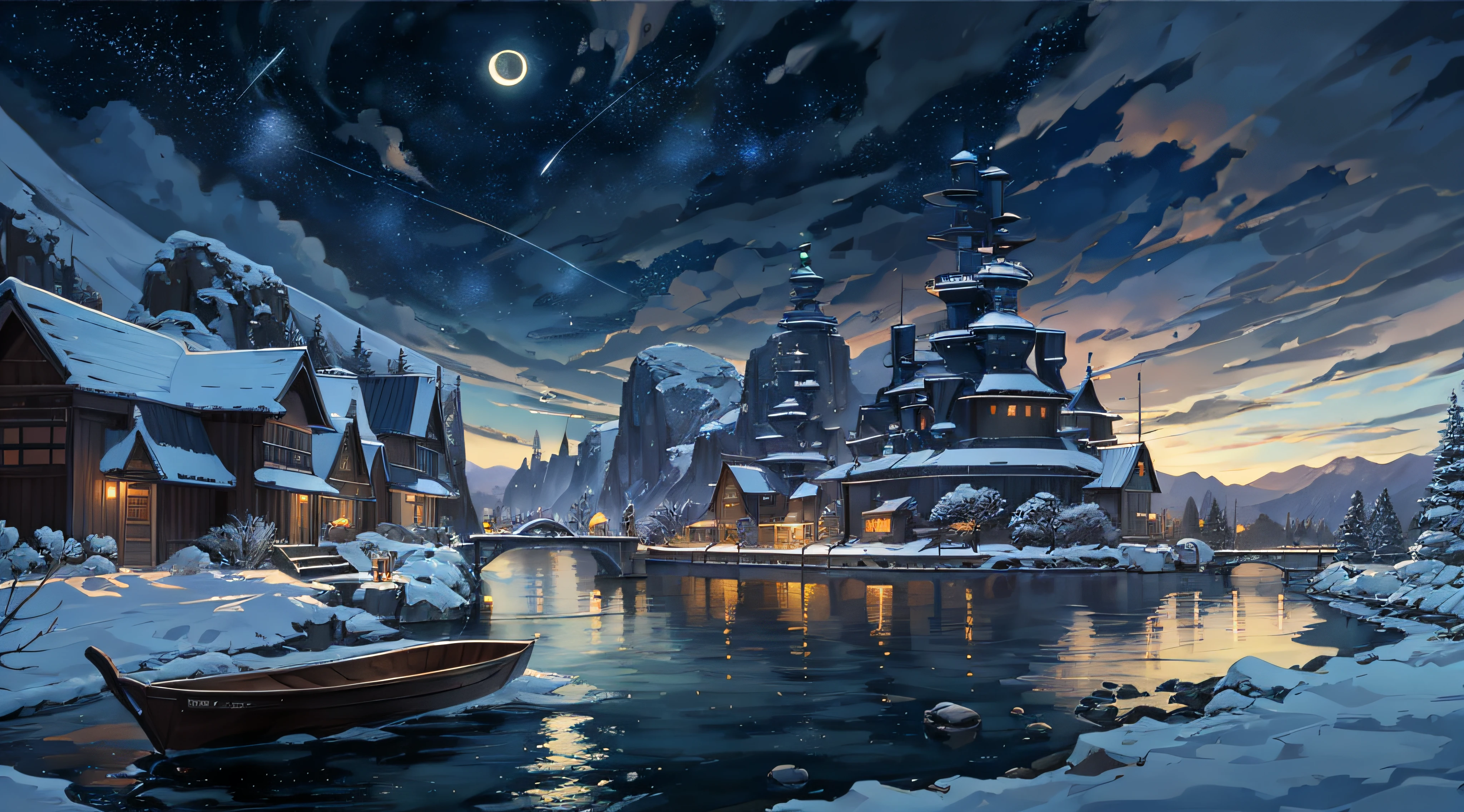 A painting of a river with stars and moon in the sky, concept art inspired by Tosa Mitsuoki, pixiv contest winner, best quality, fantasy art, beautiful anime scene, a bright moon, moonlit starry environment, dream painting, Anime Background Art, Fantasy Landscape Art, Fantasy Night, Anime Background, Background Artwork, Fantastic Art, Atmospheric Anime, Starry Sky, Detail Enhanced.