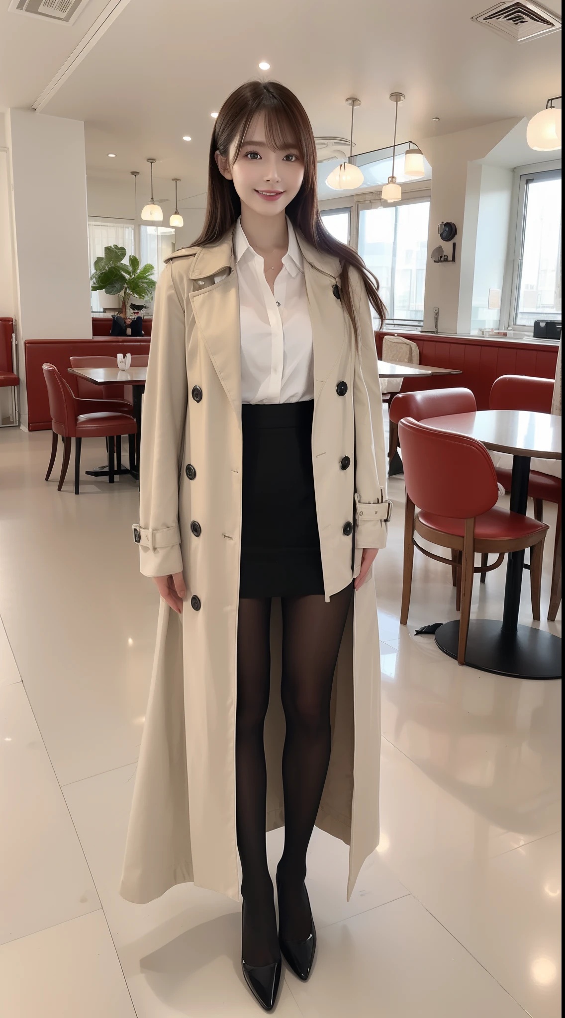 (true to life,Photorealistic 1.5),((best qualtiy, 8K, tmasterpiece:1.3)), (二重まぶた,largeeyes:1.3),(smile1.5),(Full body photo 1.5)(One person 1.5)Clear focus 1.2, Perfect body beauty:1.4 , Delicate skin1.1,(Long brown hair 1.5),(Delicate facial features1.4),(Pure desire 1.3)(Clear black tights 1.5)(The leg length is one meter two,1.5),White shirt,Gray trench coat,pleatedskirt,Slender legs,Round scalp shoes,Cafe door