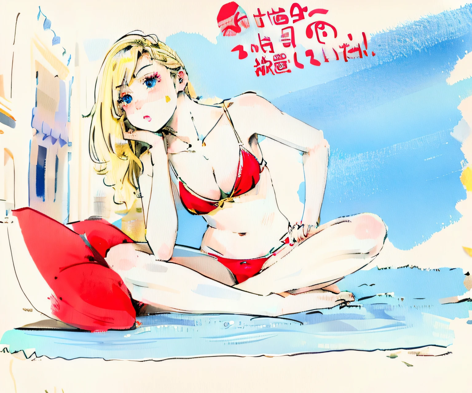 Blonde hair, Blue eyes, Red bikini