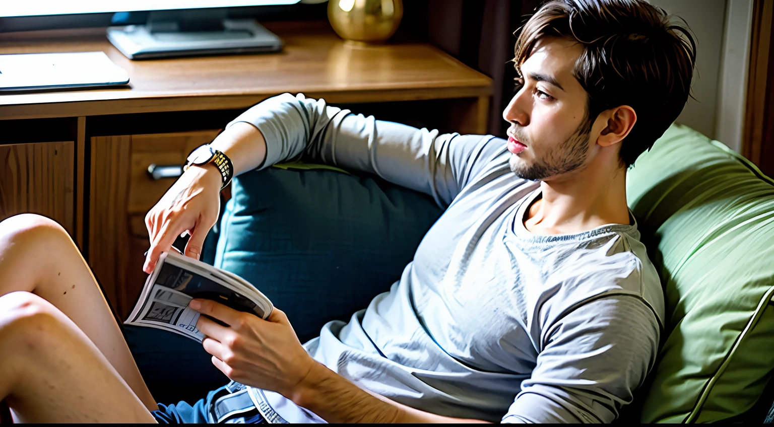 Man in room wear,eating sweets,while reading newspaper