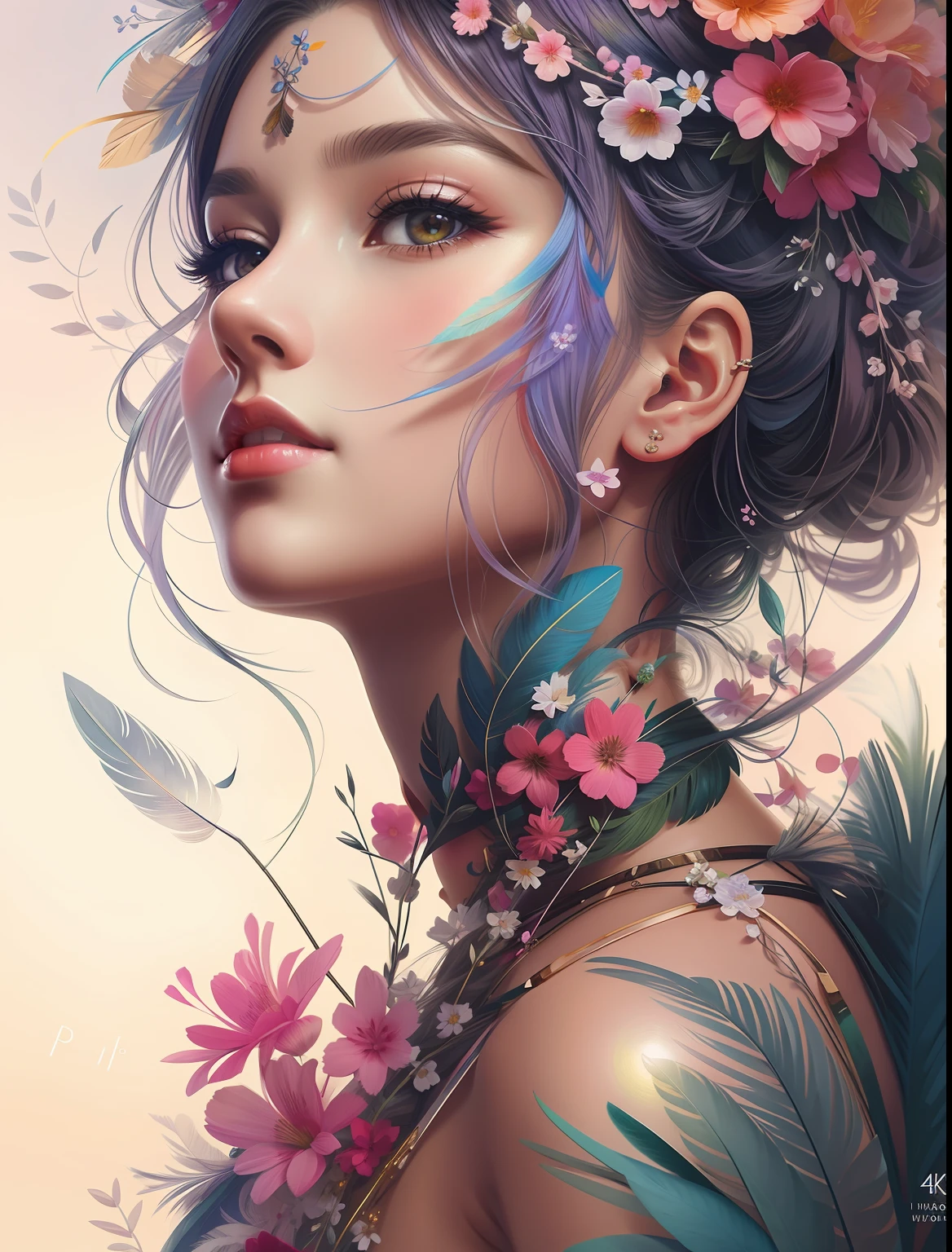 Flowers in the hair、Drawing of a woman with feathers in her hair, beautiful digital illustrations, beautiful digital works of art, Gorgeous Digital Painting, beautiful gorgeous digital art, beautiful digital painting, a beautiful artwork illustration, stunning digital illustration, beautiful art uhd 4 k, gorgeous digital art, Very beautiful digital art, inspired by WLOP, Beautiful digital art