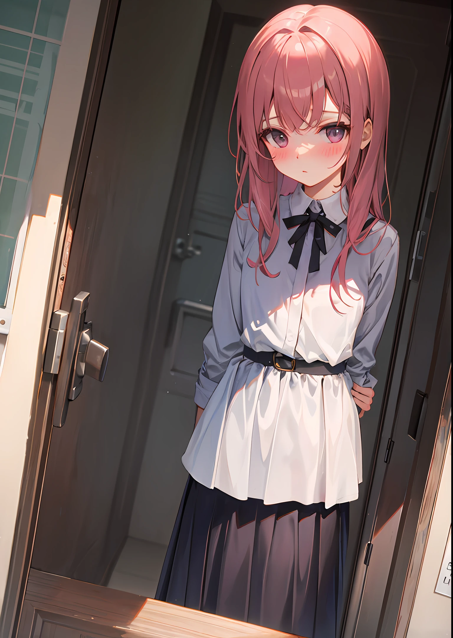 Black long straight skirt shy blush head down outside the door waiting