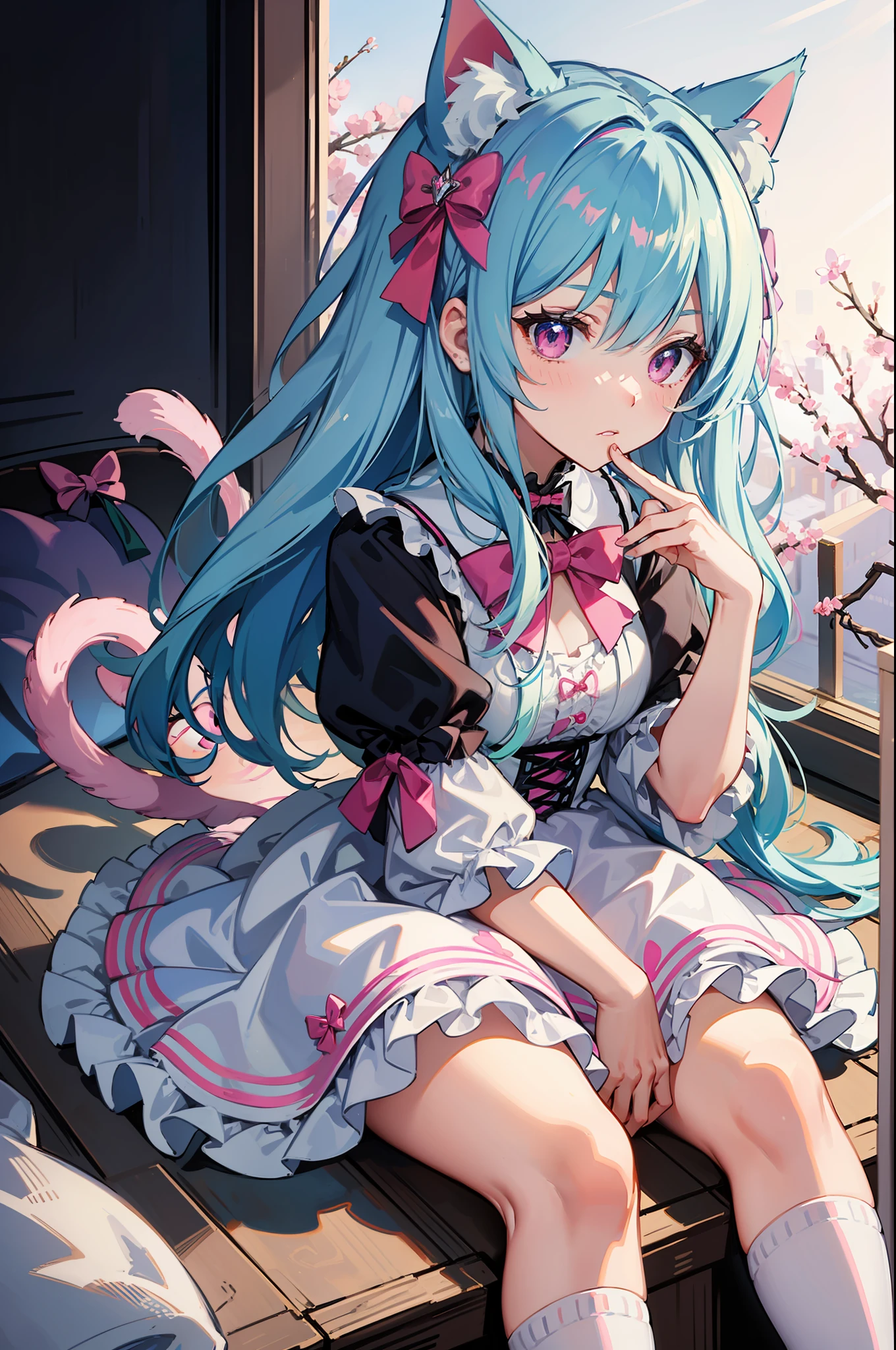 lightblue hair,Cat ears,Pink eyes,pink ta,White socks,pink bows,white backgrounid