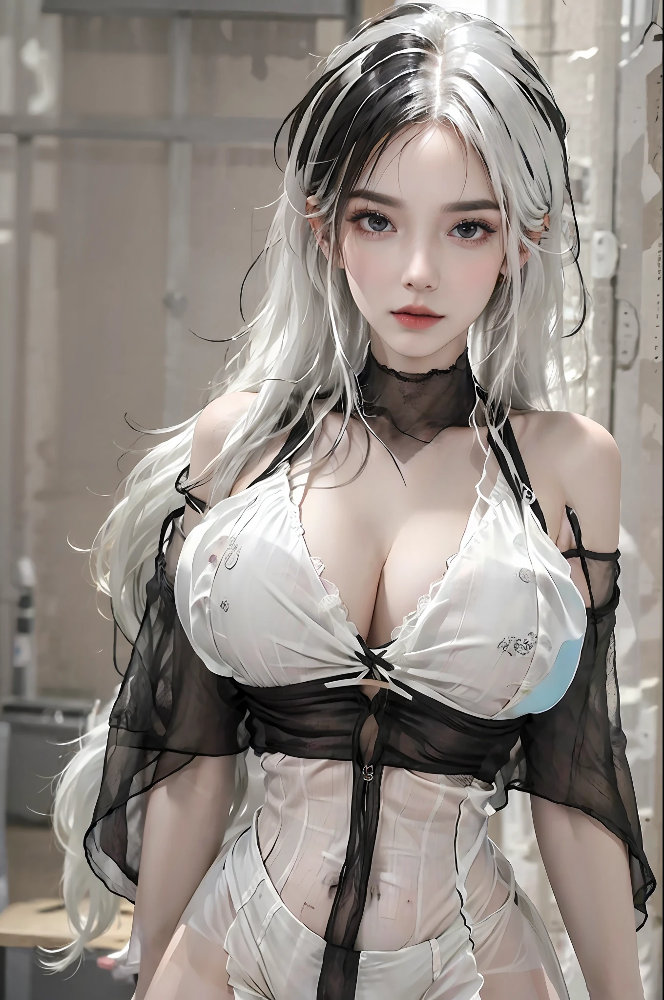 photorealistic, high resolution, 1 girl, hips up, beautiful eyes, white hair,black lingerie, see-through, black bodysuit, black pantyhose, bare shoulders, halter neck