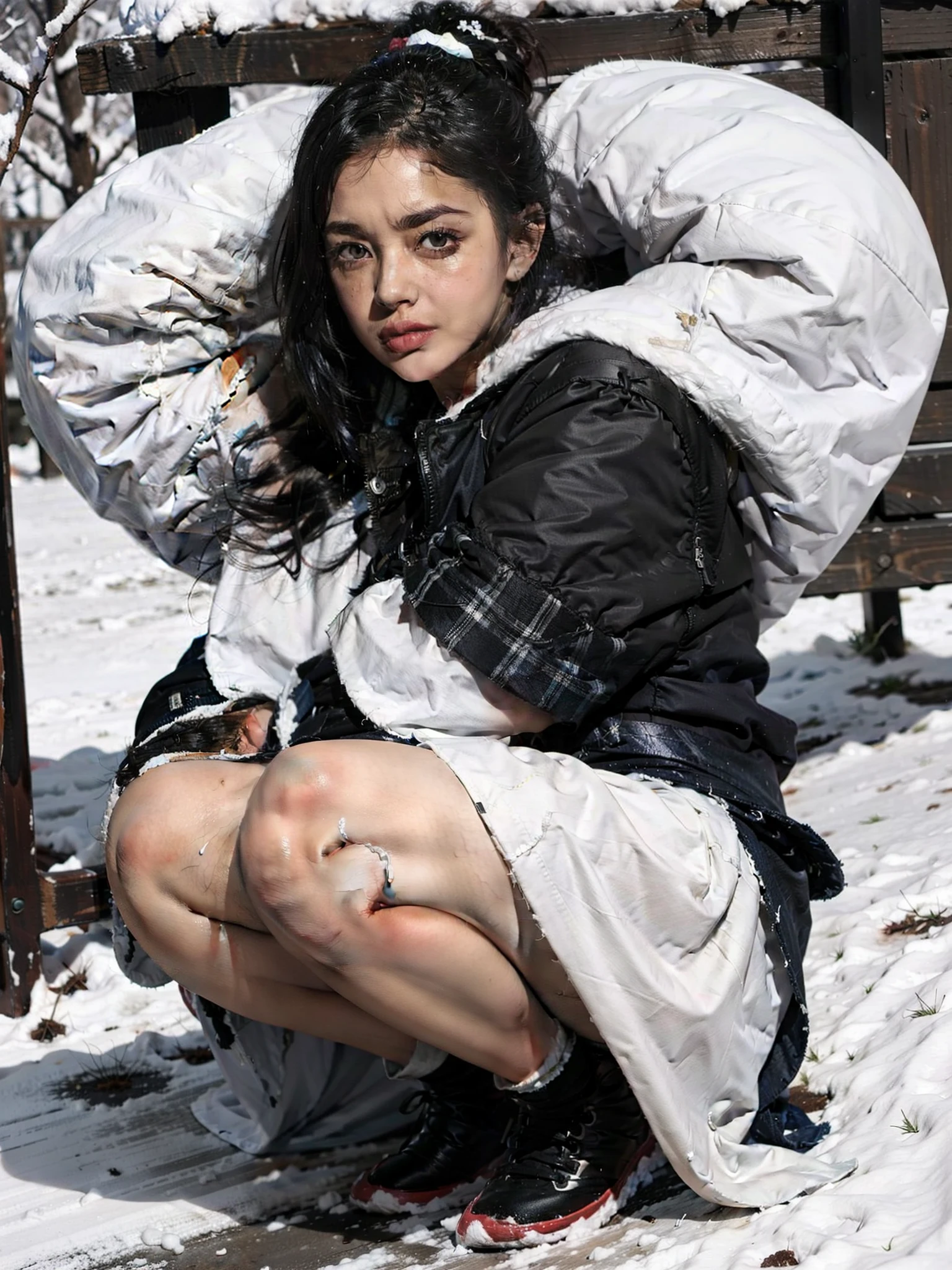 woman,pelt coats,prengant,Squat,at winter season