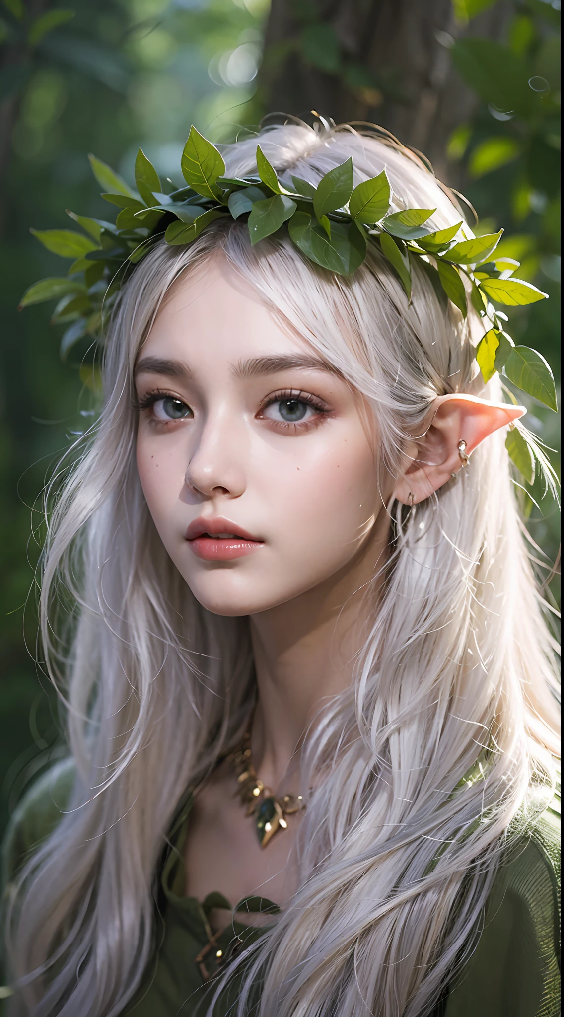 Elf Princess，ln the forest，Platinum hair accessories，fresh flowers，green leaf，Fine vine，(Photorealistic:1.4), (Masterpiece, side-lighting, fine detailed beautiful eyes: 1.2), Masterpiece*Portrait, Realistic, The face is delicate, Glowing eyes, Shiny hair, Glossy glossy skin, Solo, embarressed, (midriff),（super-fine），Detailed pubic hair，Accurate，（Works of masters），（best qualtiy），8K分辨率，A half body，dynamic viewing angle，
