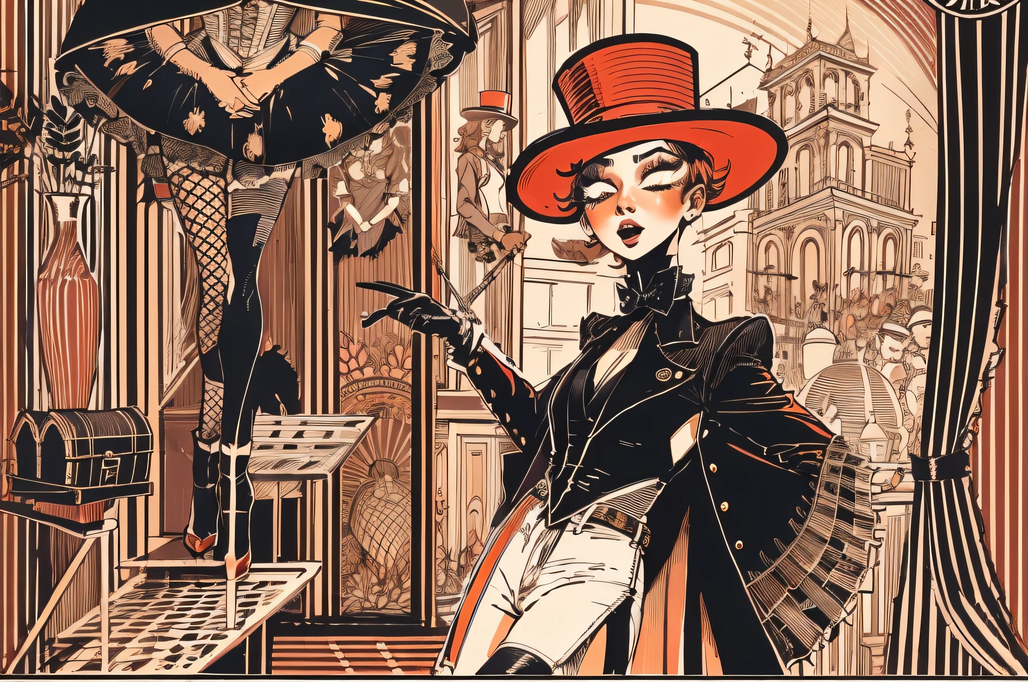 lwsh, illustration of a cute woman, The Cabaret Couture: A tailored jacket with tails, paired with high-waisted shorts, fishnet stockings, and a top hat, embodying classic cabaret style