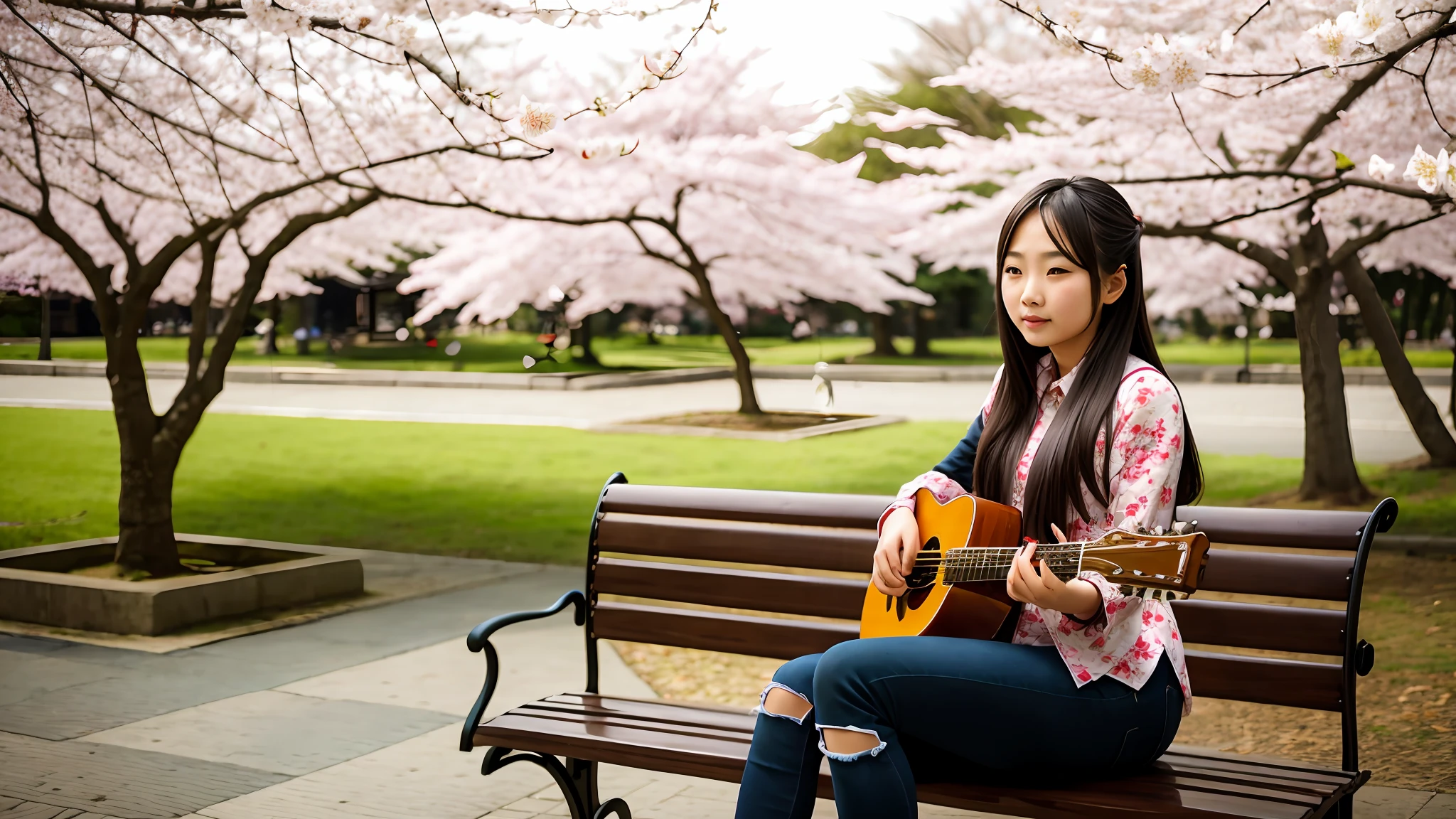 Asian beautiful girl with sad face sitting on a bench, holding a guitar, under the cherry blossom tree