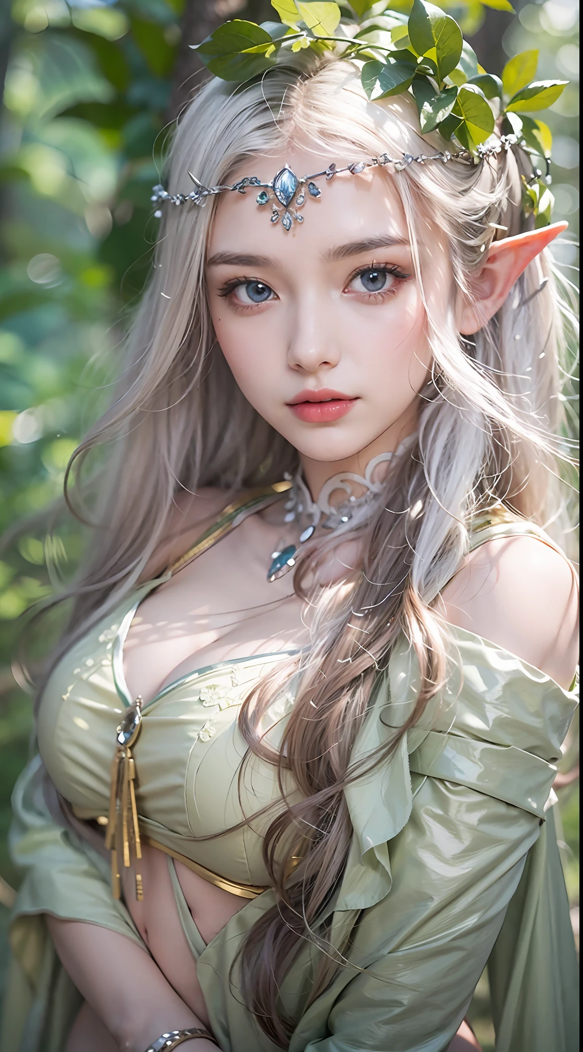 Elf Princess，ln the forest，Platinum hair accessories，fresh flowers，green leaf，Fine vine，(Photorealistic:1.4), (Masterpiece, side-lighting, fine detailed beautiful eyes: 1.2), Masterpiece*Portrait, Realistic, The face is delicate, Glowing eyes, Shiny hair, Glossy glossy skin, Solo, embarressed, (midriff),（super-fine），Detailed pubic hair，Accurate，（Works of masters），（best qualtiy），8K分辨率，A half body，dynamic viewing angle，