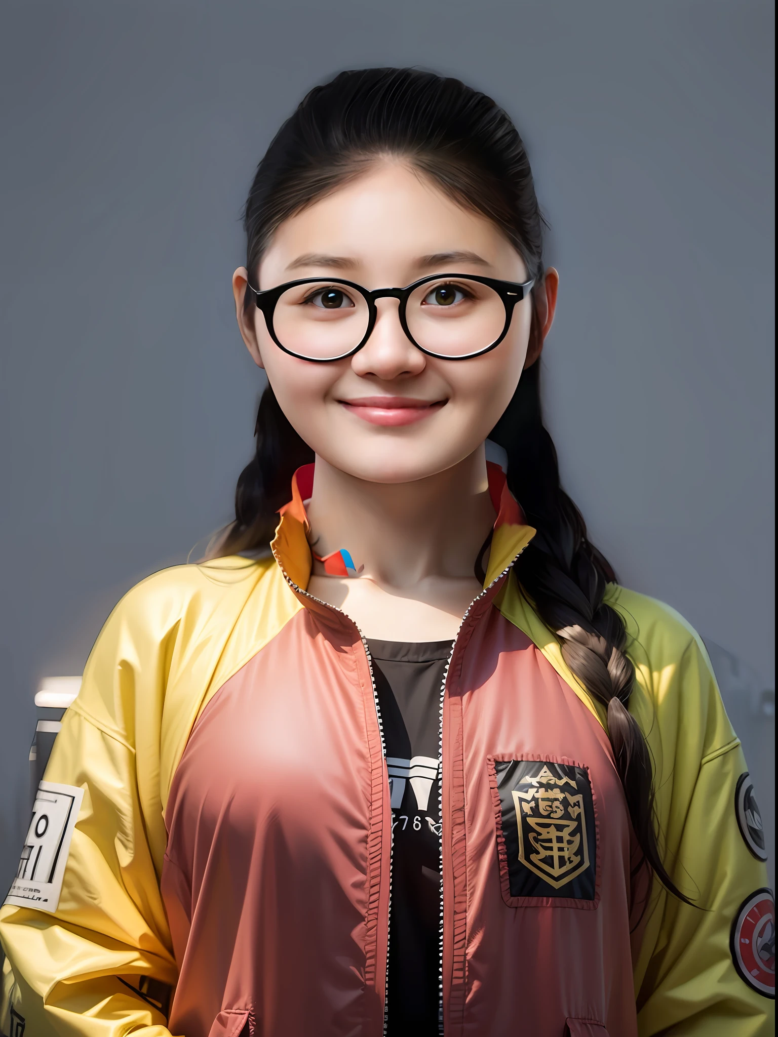 A 16-year-old Chinese female high school student,Dark green and red jacket