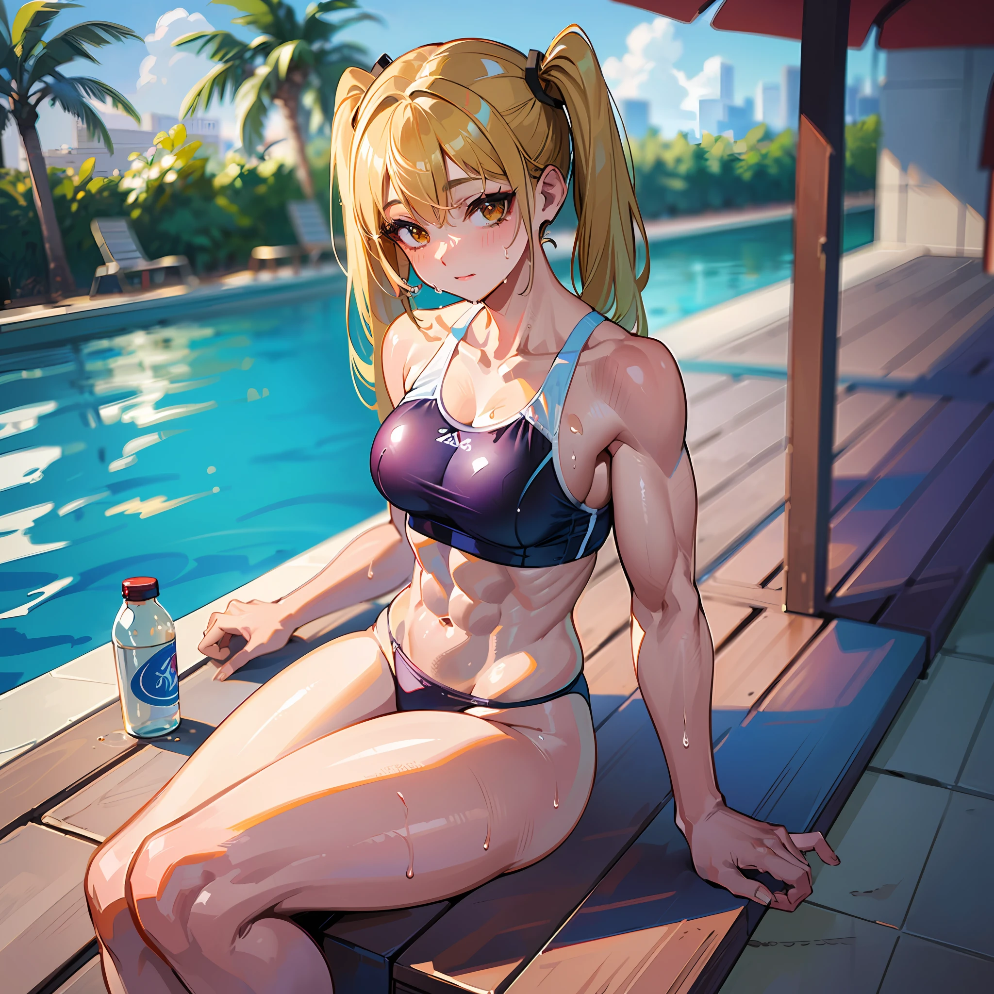 ((masterpiece))、((Top image quality))、((top-quality))、(((Illustration of one woman)))、(((muscle woman)))、full body Esbian、((30-years old))、((neuter))、((Blonde twintails))、Light golden eyes、((Long body))、(((perspiring)))、((Steam wafting all over the body))、((Body wet with sweat))、(((Muscular and strong body)))、((Split abs))、(((muscular and thick arms)))、(((muscular and thick thighs)))、((manspreading))、((Sports Swimwear))、Sitting on a deck chair、in poolside