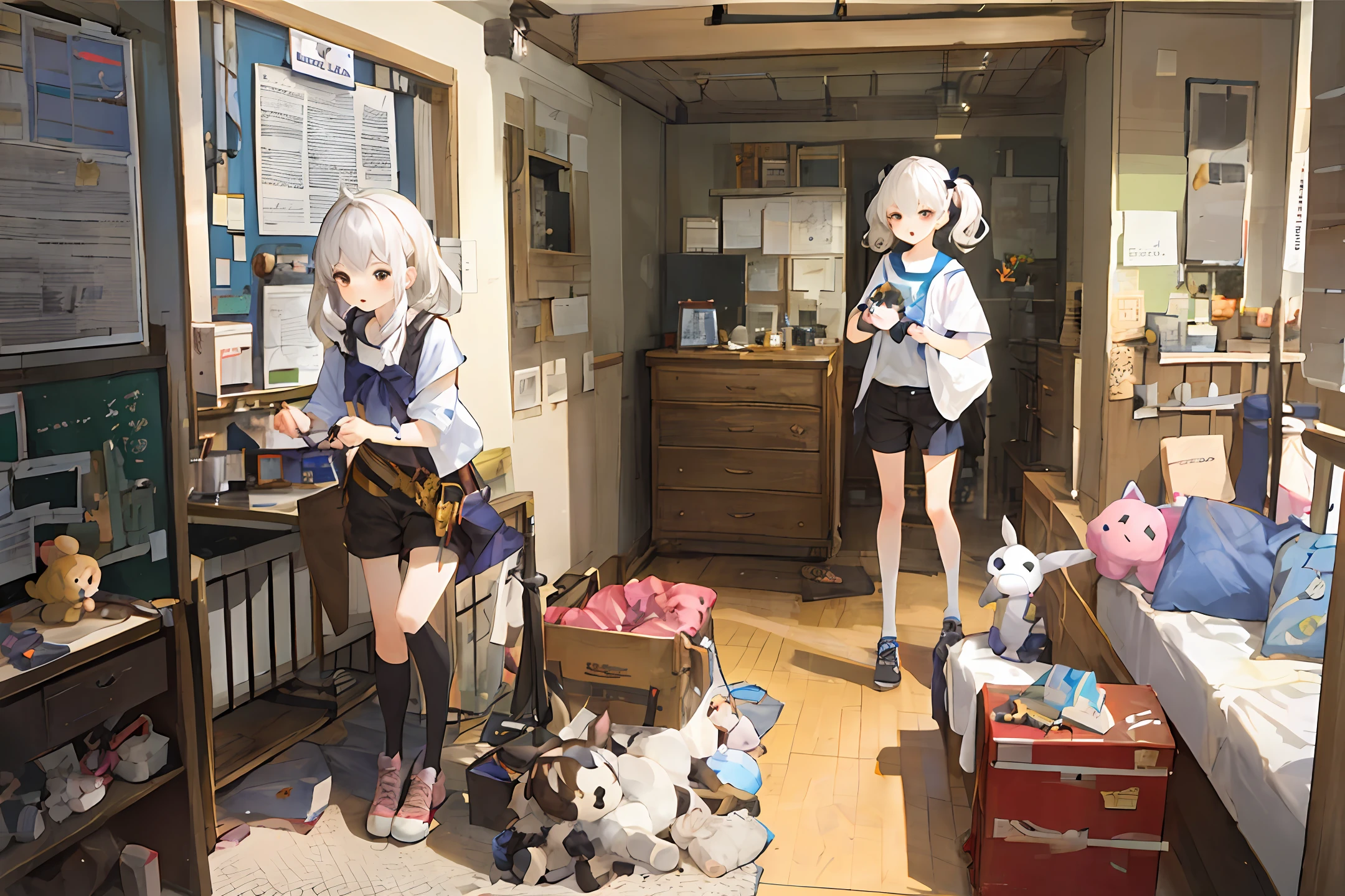 shortpants、white hair、Twin-tailed、Pretend、kawaii、s girl、fleeting、Brown eyes、pink clothing、I'm holding a stuffed animal、bedroom、