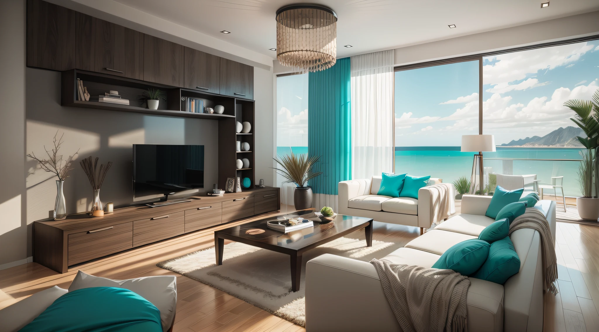 "Modern-style living room with a blend of lead gray and imitation wood grain MDF board, featuring a sea-facing window, turquoise curtain, and brown carpet." --auto