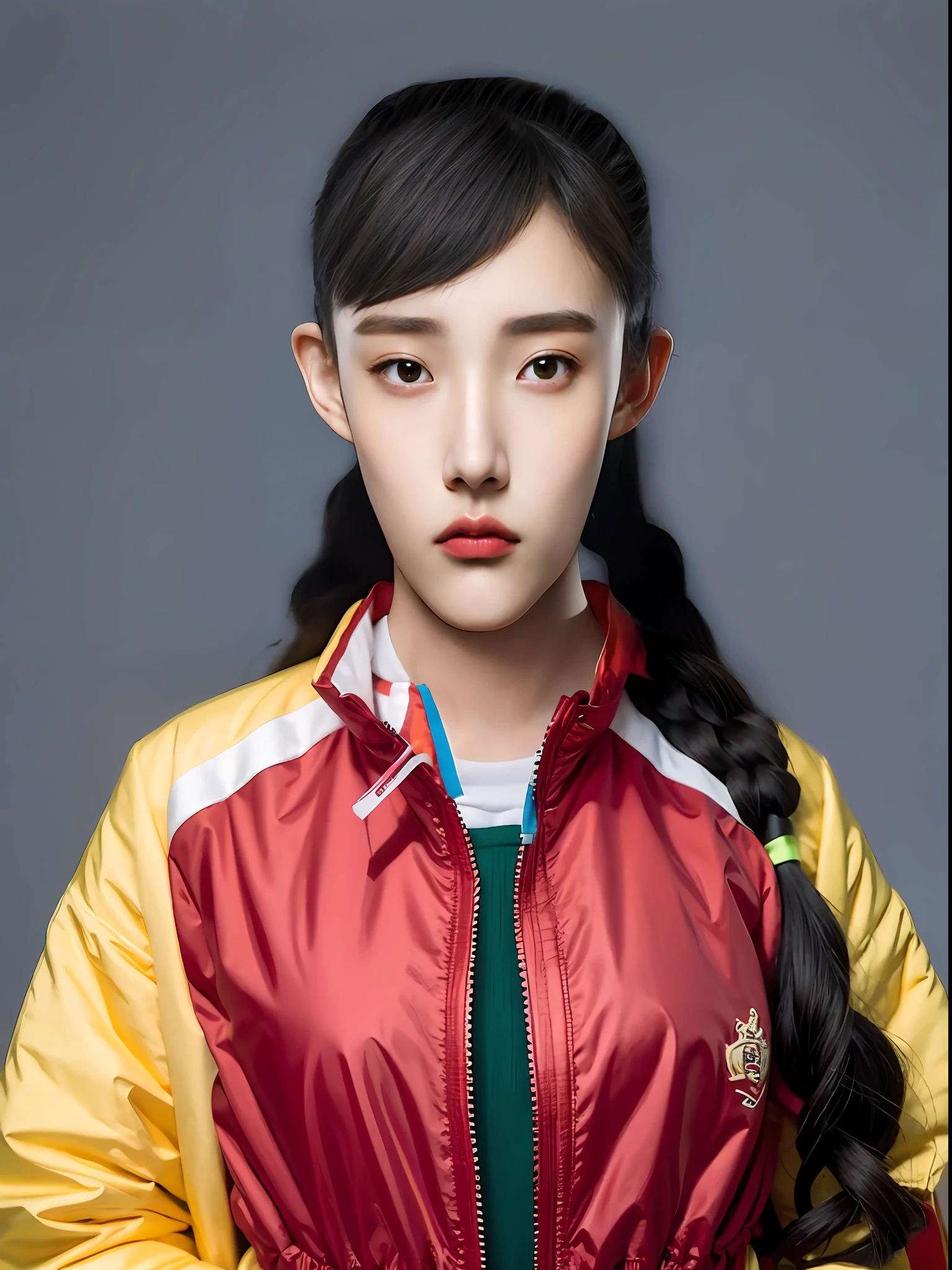 A 16-year-old Chinese female high school student,Dark green and red jacket