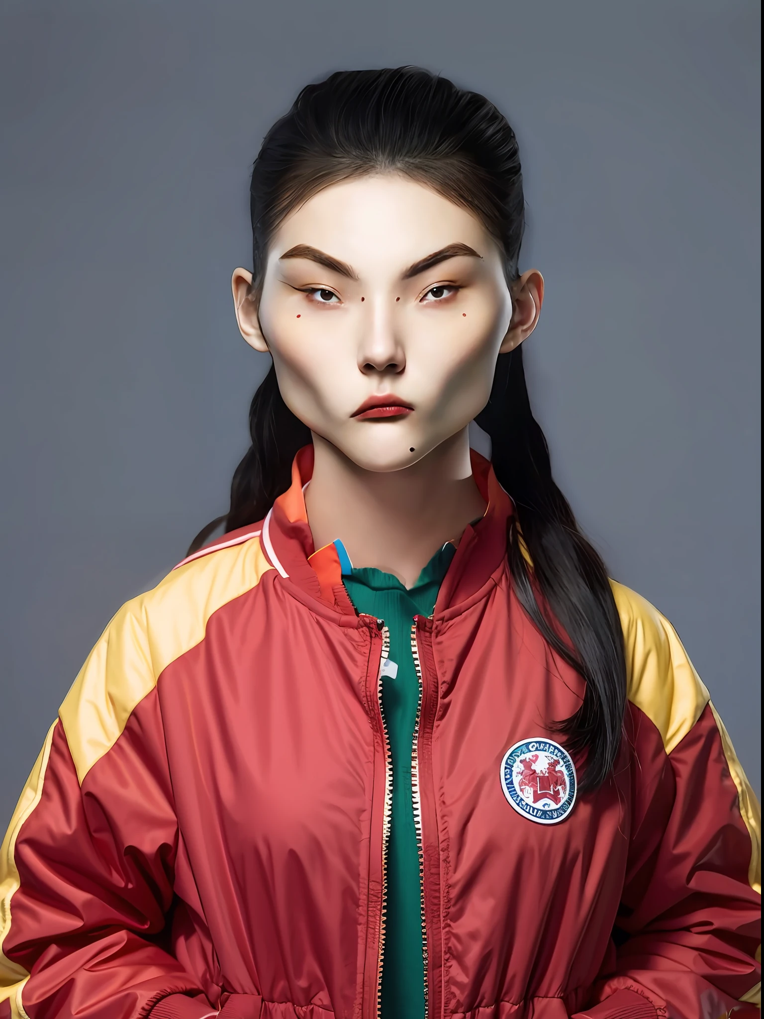 A 16-year-old Chinese female high school student,Dark green and red jacket