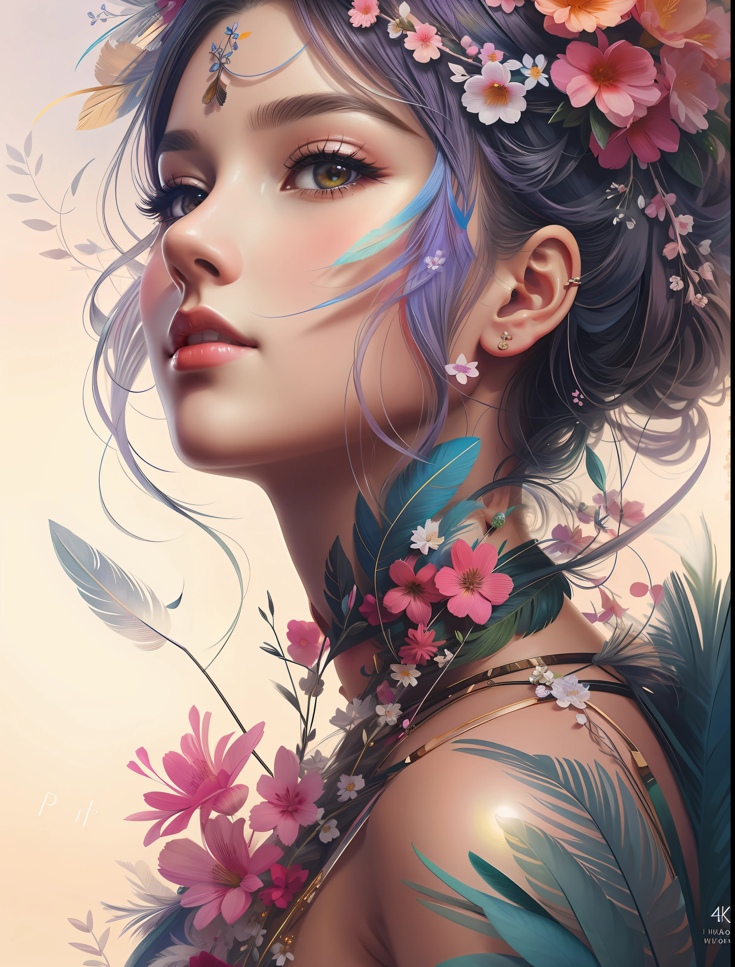Flowers in the hair、Drawing of a woman with feathers in her hair, beautiful digital illustrations, beautiful digital works of art, Gorgeous Digital Painting, beautiful gorgeous digital art, beautiful digital painting, a beautiful artwork illustration, stunning digital illustration, beautiful art uhd 4 k, gorgeous digital art, Very beautiful digital art, inspired by WLOP, Beautiful digital art