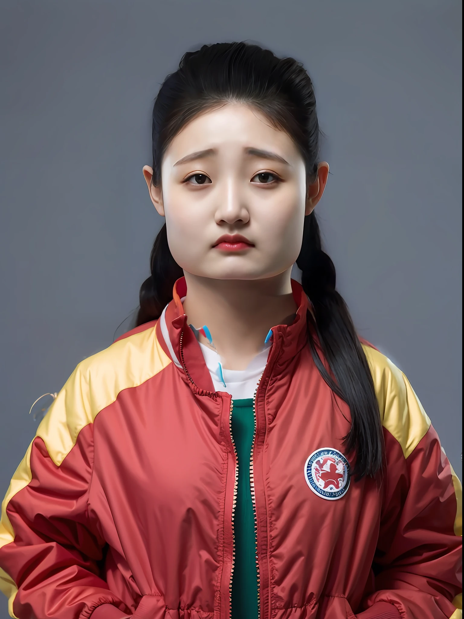 A 16-year-old Chinese female high school student，Dark green and red jacket