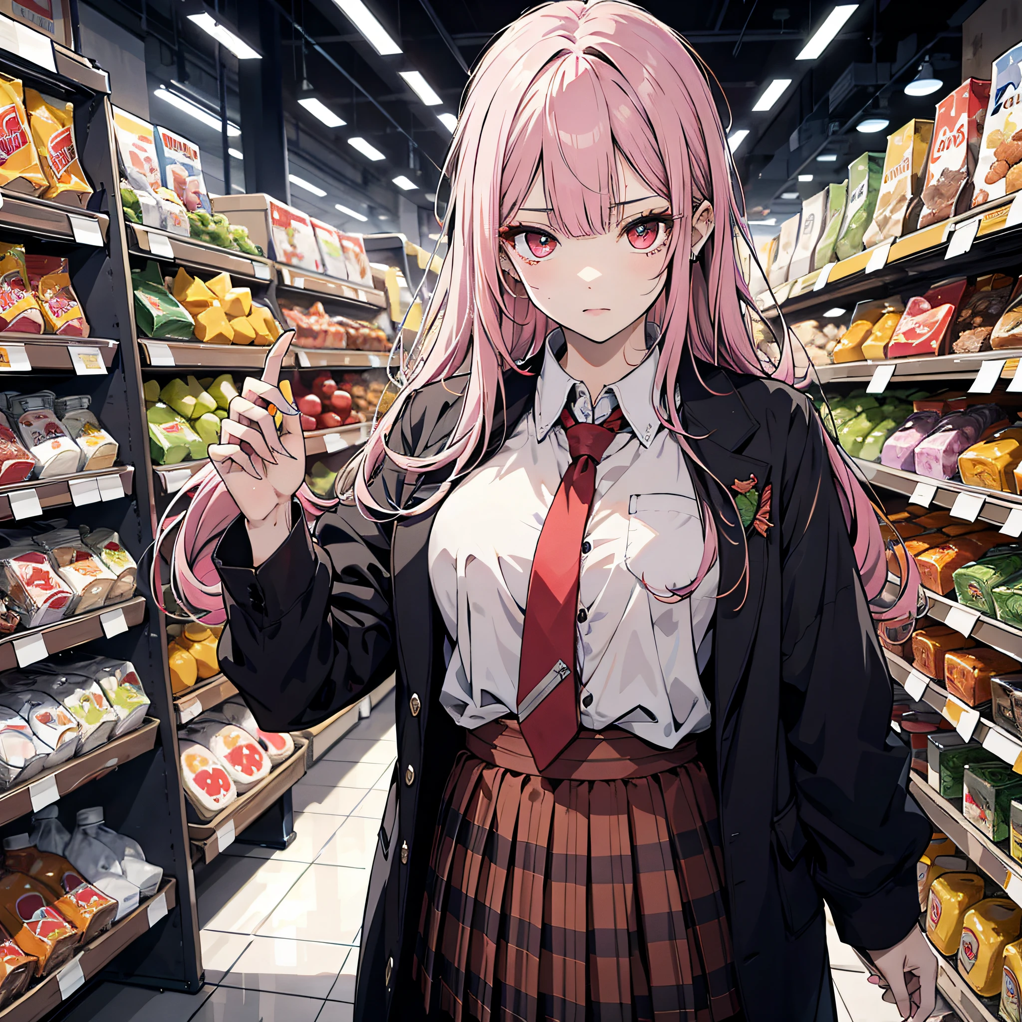 Ridiculous resolution,A high resolution,(tmasterpiece:1.4),Hyper-detailing,Pink Long Hair, 1girll, dual horsetail, Solo, red color eyes,, white necktie, Pleated plaid red skirt, school uniform, Zombie role-playing,Supermarket,Zombie apocalypse,Zombie outbreak,There is blood on the head(1.2),aggrieved look