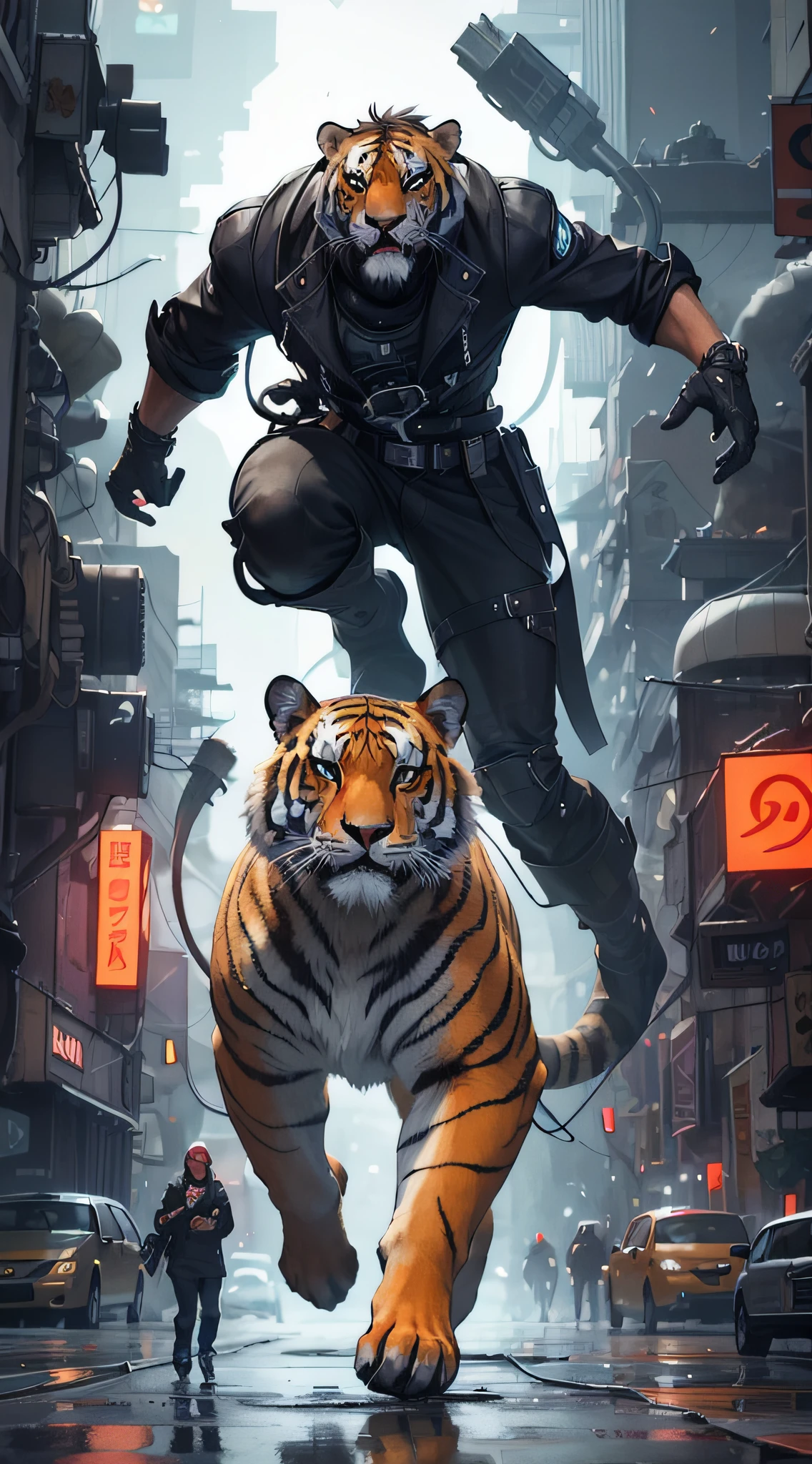 A cyberpunk tiger roars amid the chaos of a futuristic city, where tall, ruined buildings mingle with giant screens and electrical cables. The tiger's body is covered in metallic implants and light circuits, which enhance its wild beauty and brutal strength. Their eyes are red and bright, as if they were cameras capable of seeing beyond the visible. Its claws and teeth are sharp and chrome-plated, ready to tear apart any obstacle. Their coat is orange and black, but with blue and purple reflections, which create a contrast with the gray and polluted environment. The tiger is a living work of art, a perfect fusion between nature and technology, a symbol of resistance and freedom in a world dominated by chaos and oppression., angry, Futurism, high detail, cinematic lighting, from below, 8k, best quality, high quality, super detail, high details