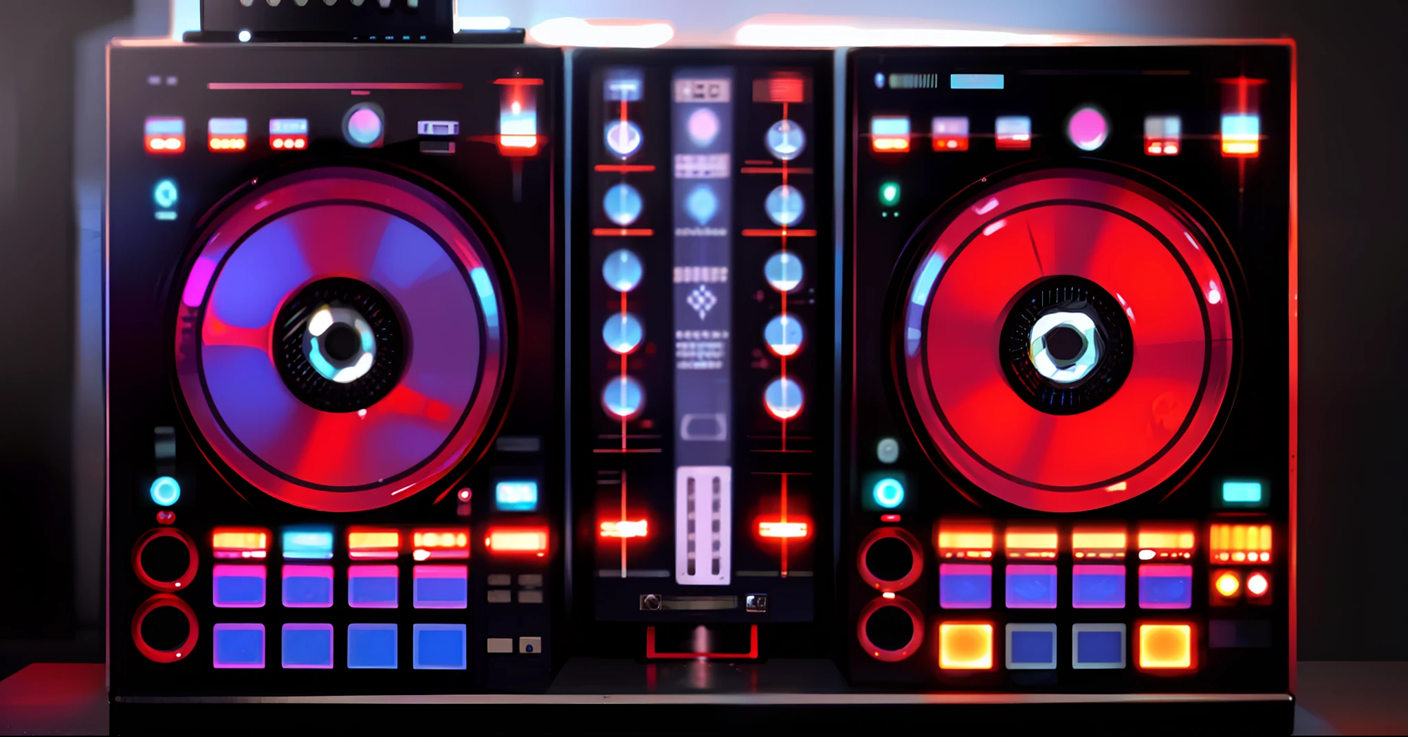 Um close up de um controlador de DJ com um leitor de disco, Mixer DJ, DJ, Conjunto DJ, turntables, DJING com toca-discos DJ, Deck do controlador, Roland, audio equipments, turntablist, Edm, Carregado, Mpc, Deck de fitas, Turntablism DJ arranhando, DJ Sura, tocando techno house music, hardware, Drivers