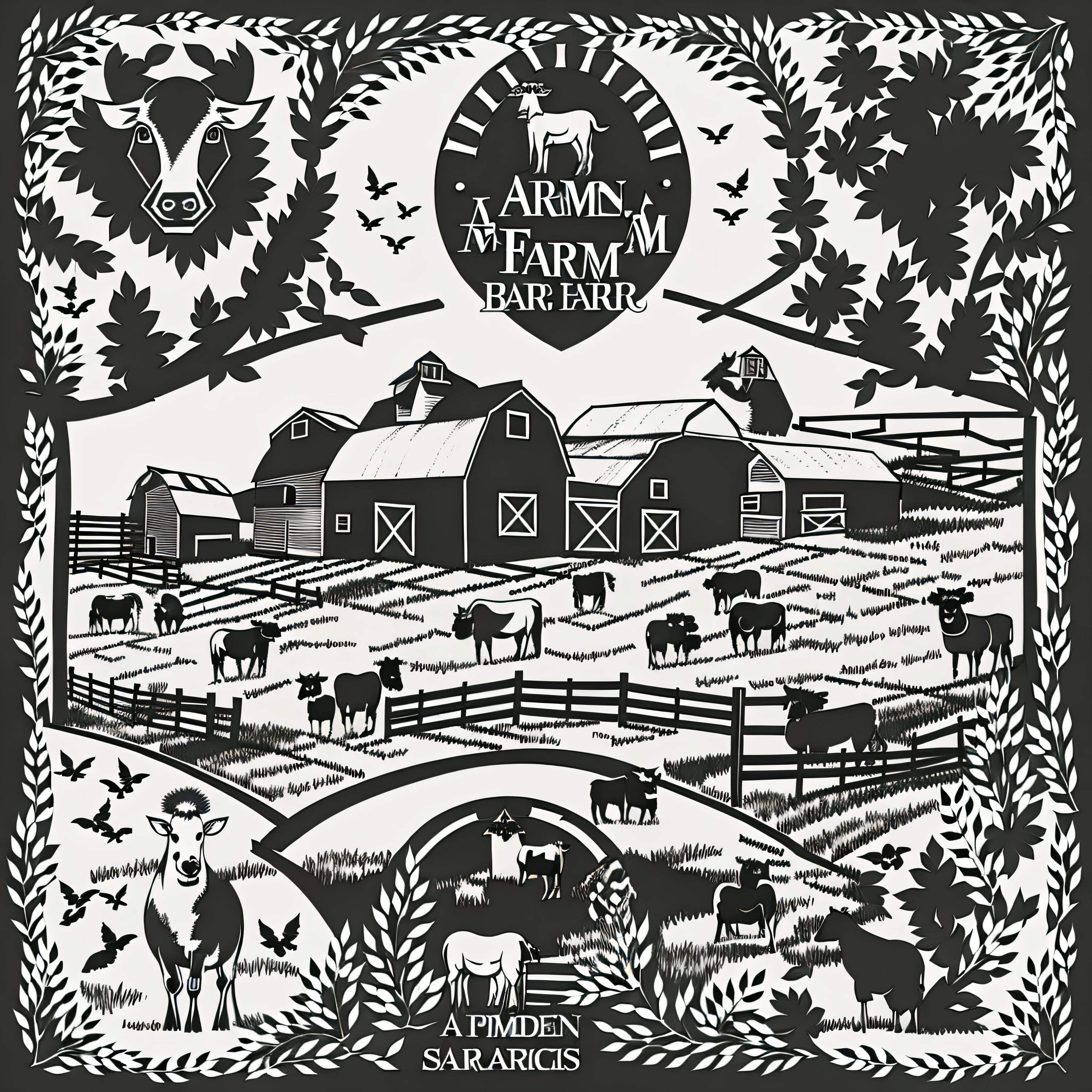 farm, a barn, few animals around, logo design, black and white, ink, stencil, very simple, white background