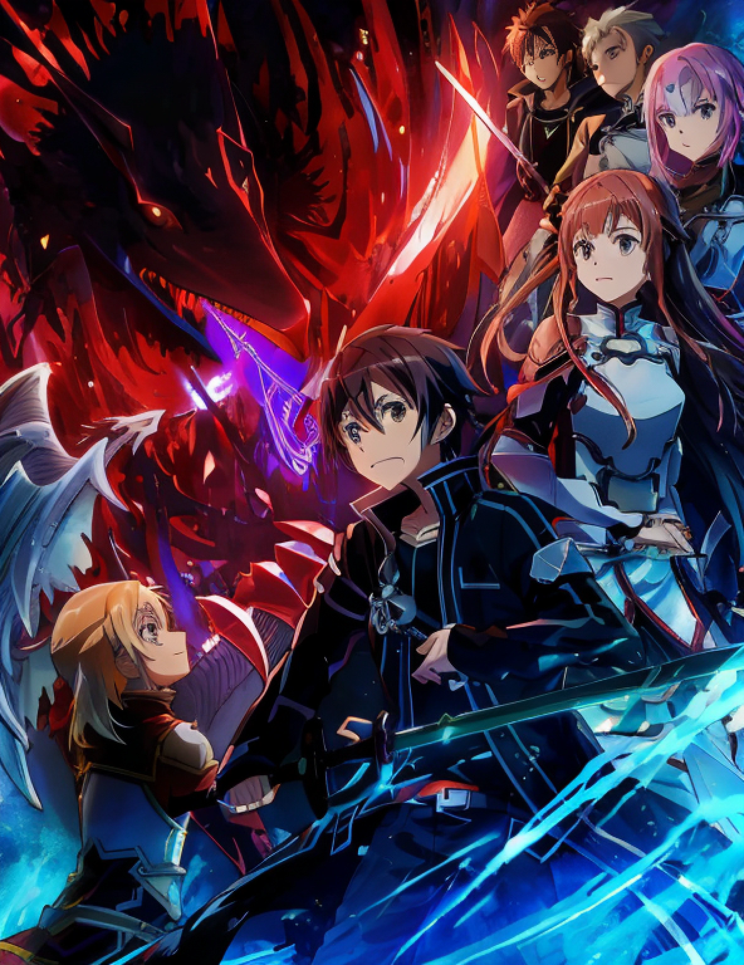 Anime characters stand in front of a huge red dragon, sword art online, sao style anime, As estrelas, anime key art, visual novel key visual, Epic light novel art cover, Kirito, Detailed key anime art, top 25 fantasy anime series, ultra hd anime wallpaper, popular isekai anime, grimgar, hd anime wallaper, hd anime wallpaper