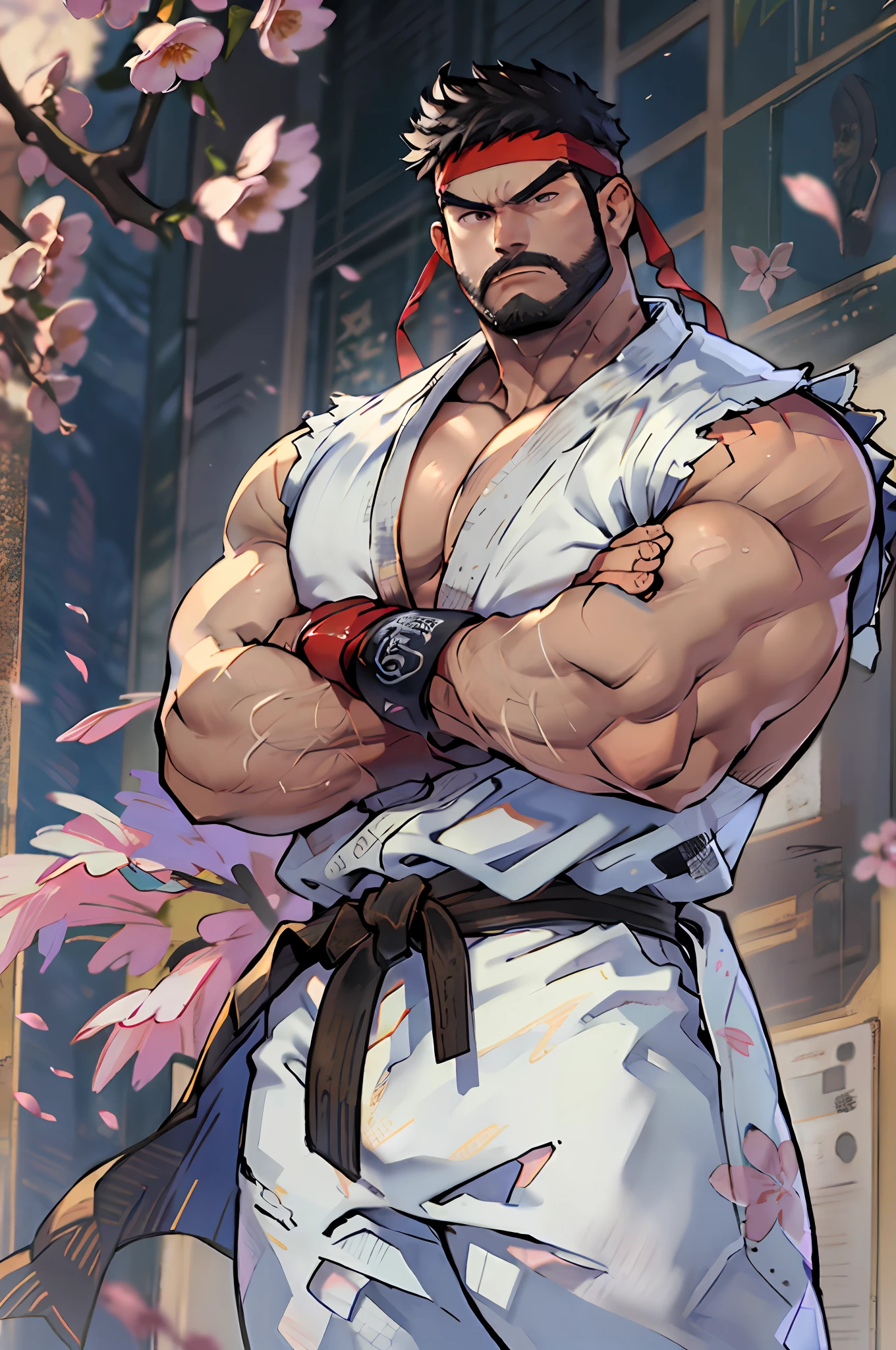 (masterpiece, best quality:1.2), cowboy shot, solo, male focus, 1boy, ryu \(sf\), middle age, serious, determined face, white skin, looking at viewer, black hair, black thick beard, detailed face tall, hunk, muscular, wide shoulder, big physique, wearing big white Dougi, new white Dougi shirt, white Dougi pant, red headband, fingerless gloves, blue aura, cherry blossom in the background, high detailed, crossed arms