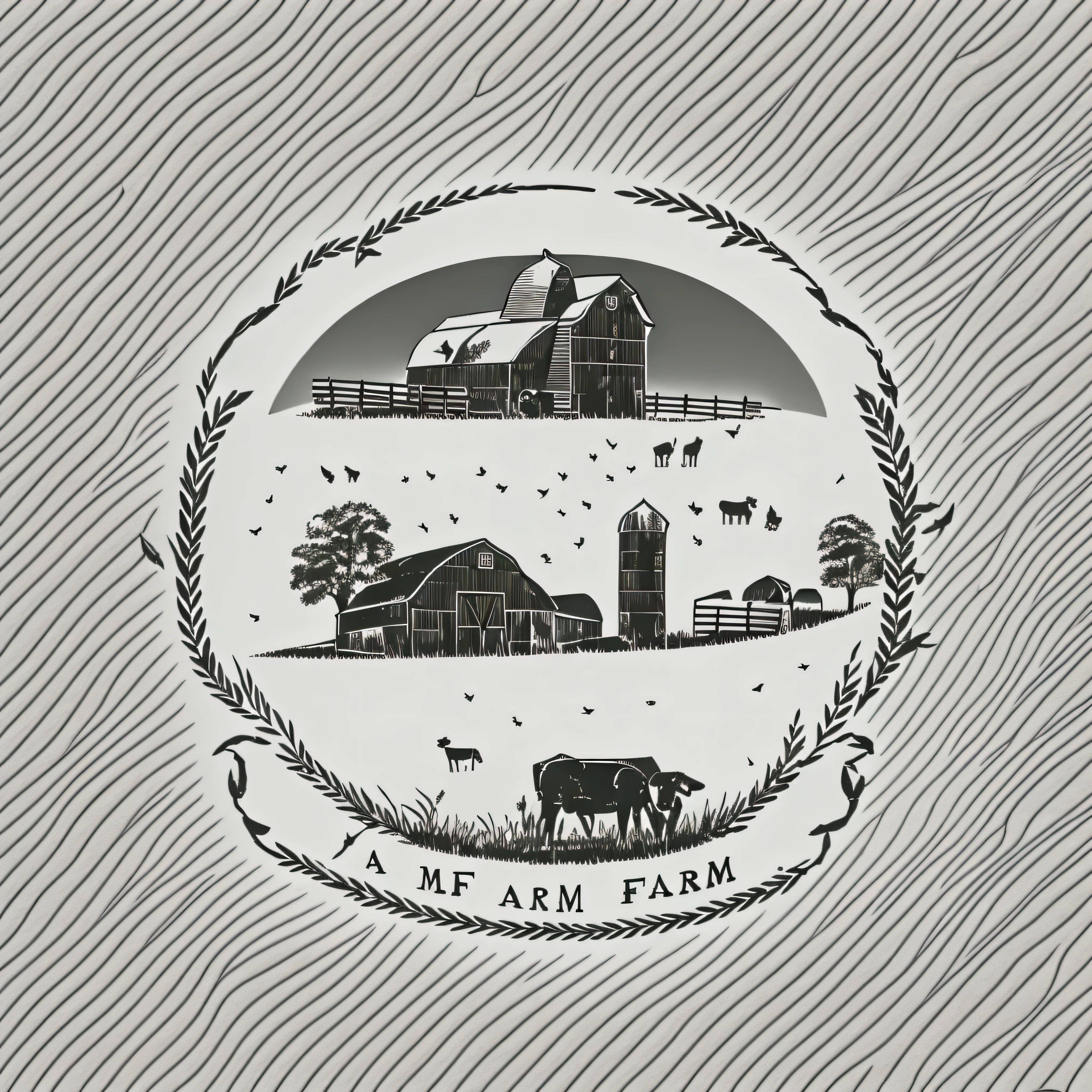 farm, a barn, few animals around, logo design, black and white, ink, stencil, very simple, white background