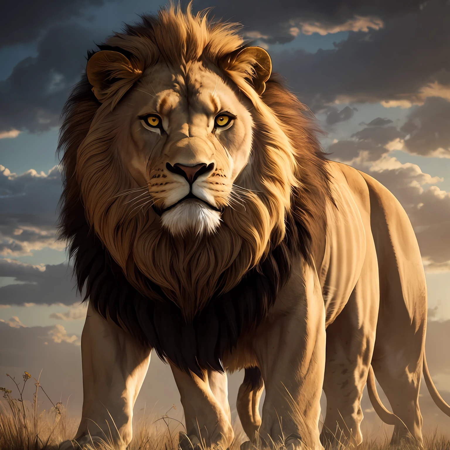 An imposing, realistic, angry lion in a savannah, special cinema lighting, FHD --auto