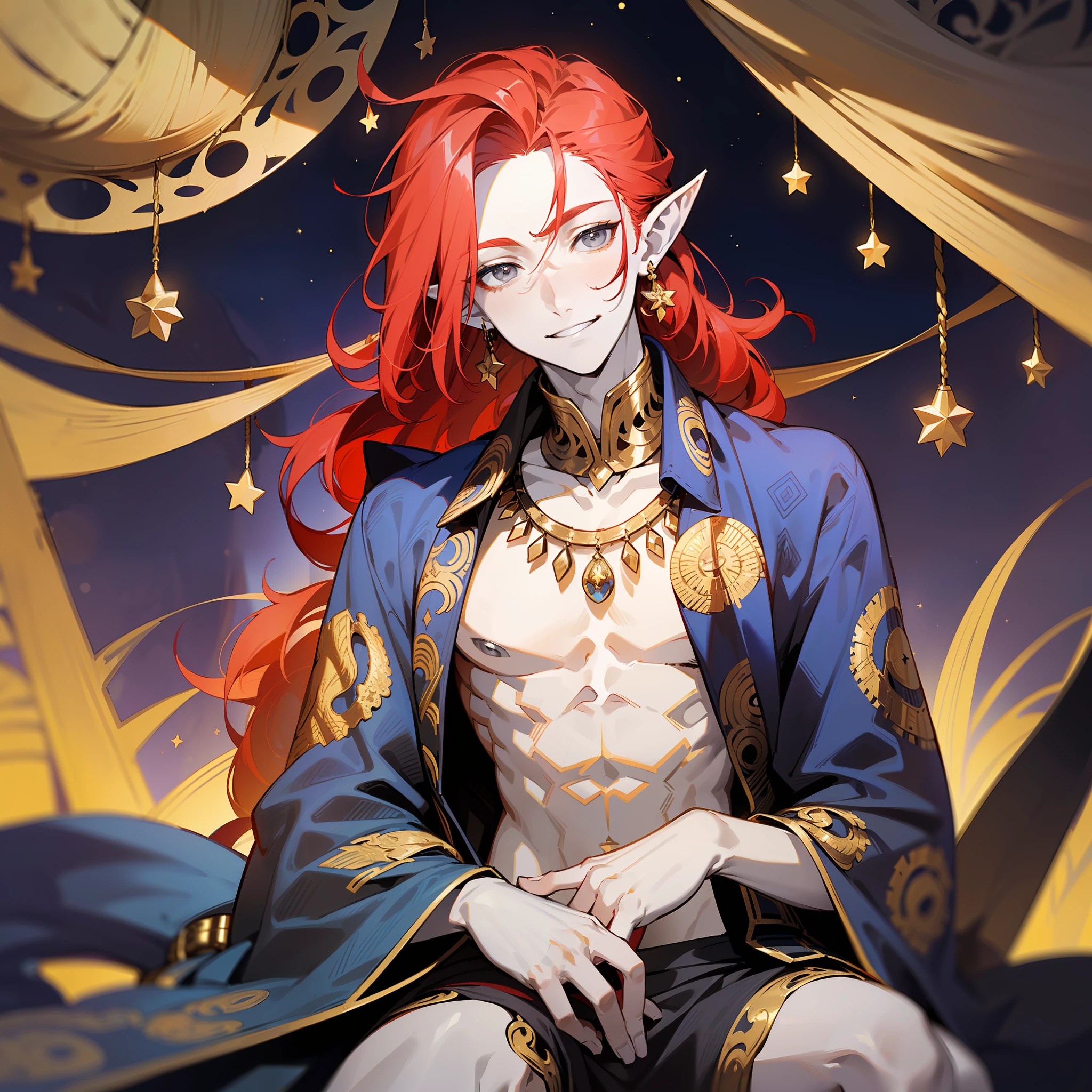 young man, (((male))), man, (((one person))), single, solo, 1guy, (((very pale skin))), ((pale skin)), (((red hair))), ((red colored hair)), (((grey colored eyes))), long hair, (((slim body))), twink, (((flat chest))), (((fantasy style))), ((black colored fabric)), (((indigo colored fabric))), (((patterns on fabric))), ((magical patterns on clothes)), ((fantasy patterns on clothes)), ((golden details)), ((wearing golden accessories in his hair)), ((golden jewellery)), ((pointy ears)), (((grey eyes))), smooth skin, stars ornaments, sun moon ornaments, stars decoration, (male face), smiling, circus tents in the background, nighttime, campfire, ((sitting on a wooden crate)), a few trees, colorful lines of fabric hanging over the crate, patterned fabric draped over the crates, circus in the background