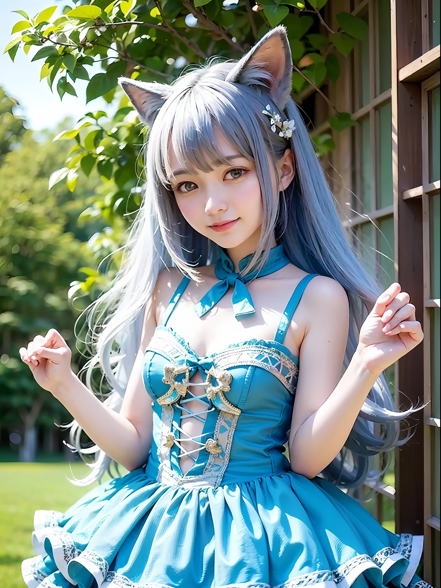 (dynamicposes:1.4), (dynamic ungle:1.4), Romper (细致背景:1.4)、hyper detailed background、(Floating light blue clouds:1.4)、(Floating blue flowers:1.4)、 Romper (perfect anatomia、perfect hand:1.4)、(Perfect five fingers:1.4)、(Perfect 4 long fingers and perfect short thumb:1.4)、(Thumb shorter than the other 4 fingers:1.4)、(Perfect two arms:1.4)、(Perfect two legs:1.4)、((top-quality、8K、masterpiece:1.3))、1girl in、A smile、full body Esbian、Slim Faces、Pretty women、(Silvery hair)、hyperdetailed face、A detailed eye、二重まぶた、blured background、Slim Faces、Cute、extremely delicate and beautiful girl、Happy smiling face、Overall、ultra-detailliert、4K、masutepiece、small mouth、Colossal tits、Cat's ears、tailcoat、hime-cut、ultra-detailliert、4K、masutepiece、Small smiling mouth、low angles、a small face
