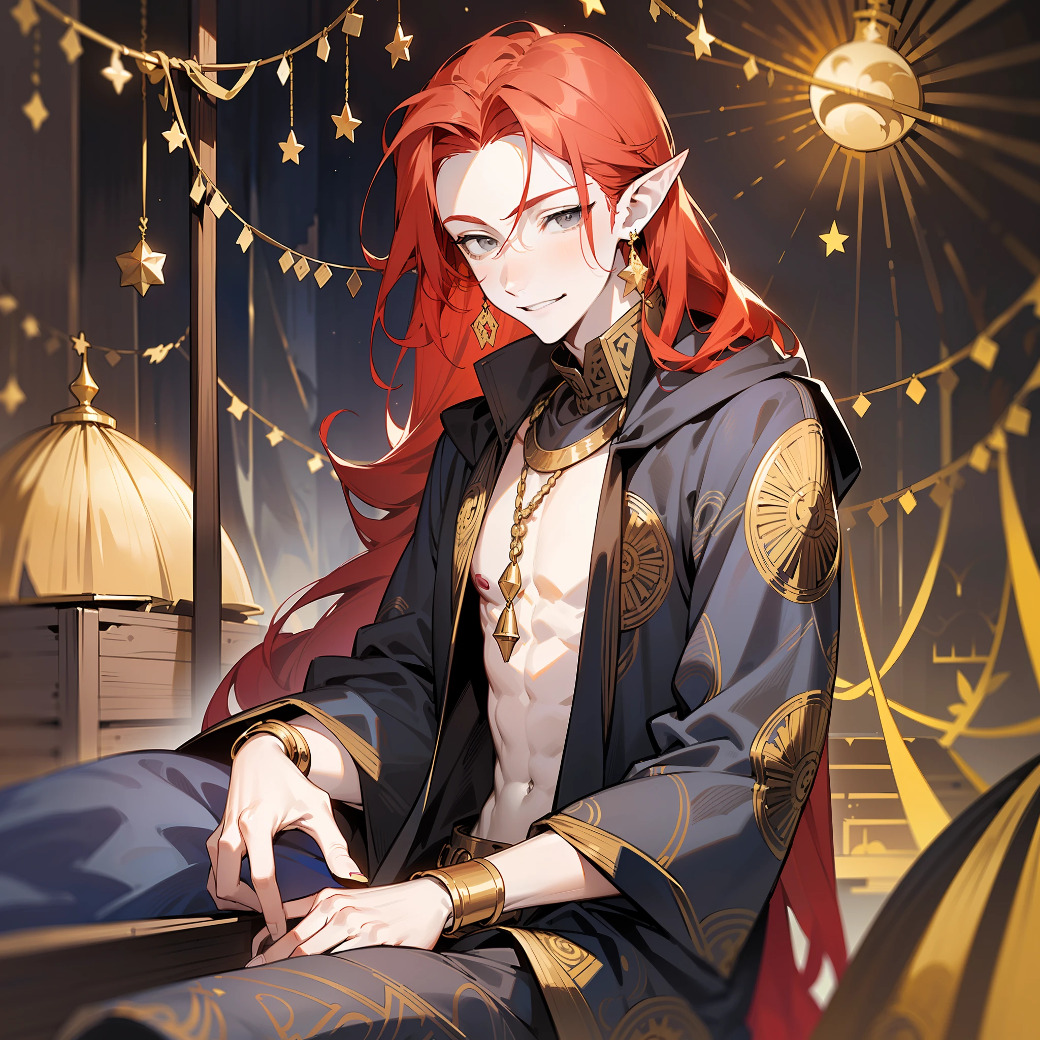 young man, (((male))), man, (((one person))), single, solo,  1guy, (((very pale skin))), ((pale skin)), (((red hair))), ((red colored hair)), (((grey colored eyes))), long hair, (((slim body))), twink, (((flat chest))), (((fantasy style))), ((black colored fabric)), (((indigo colored fabric))), (((patterns on fabric))), ((magical patterns on clothes)), ((fantasy patterns on clothes)), ((golden details)), ((wearing golden accessories in his hair)), ((golden jewellery)), ((pointy ears)), (((grey eyes))), smooth skin, stars ornaments, sun moon ornaments, stars decoration, (male face), smiling, circus tents in the background, nighttime, campfire, ((sitting on a wooden crate)), a few trees, colorful lines of fabric hanging over the crate, patterned fabric draped over the crates, circus in the background