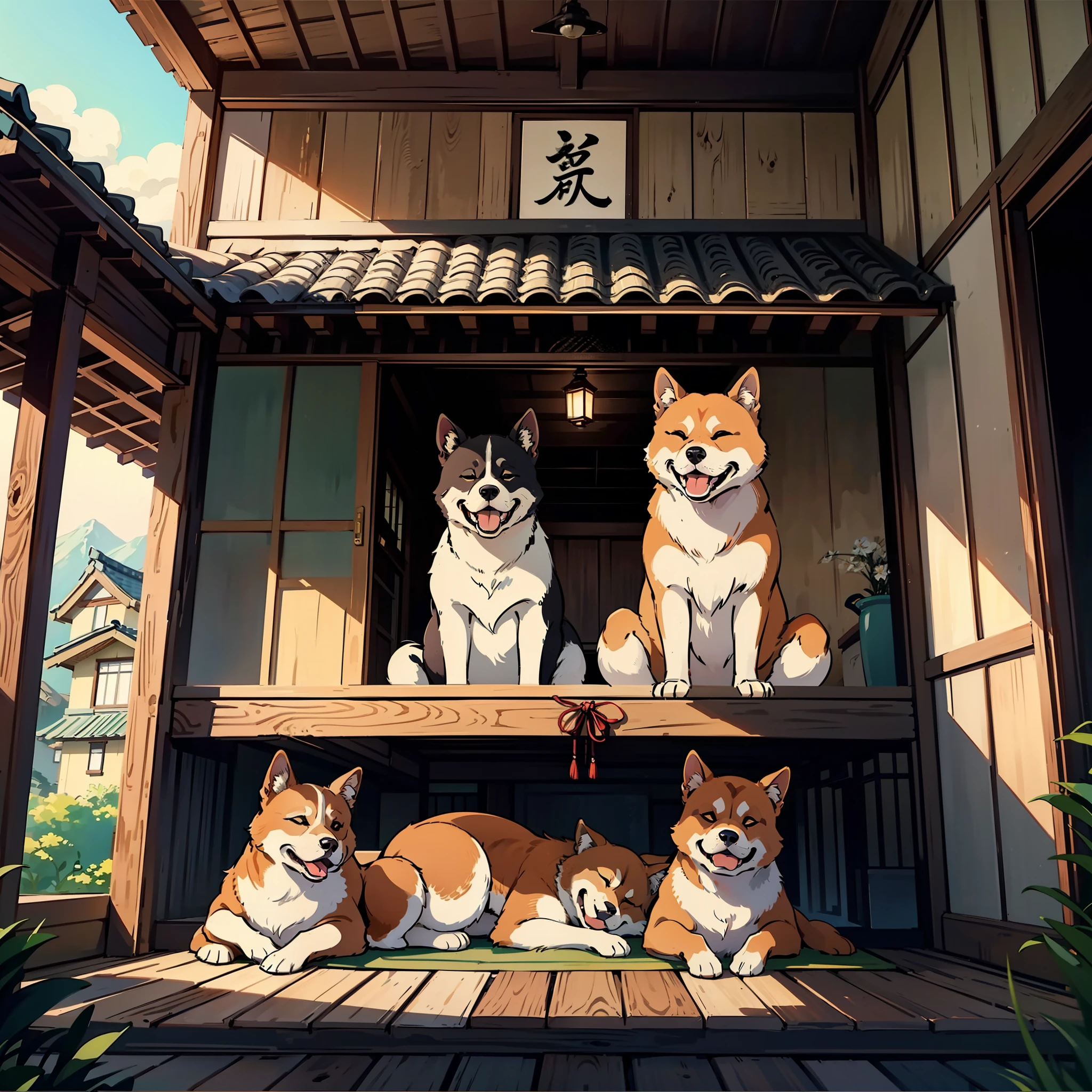 Shiba Inu sleeping on a cushion on the porch of an old folk house、A Japanese style、Dramatic、Cinematic style、Sunlight、top-quality、masterpiece --auto
