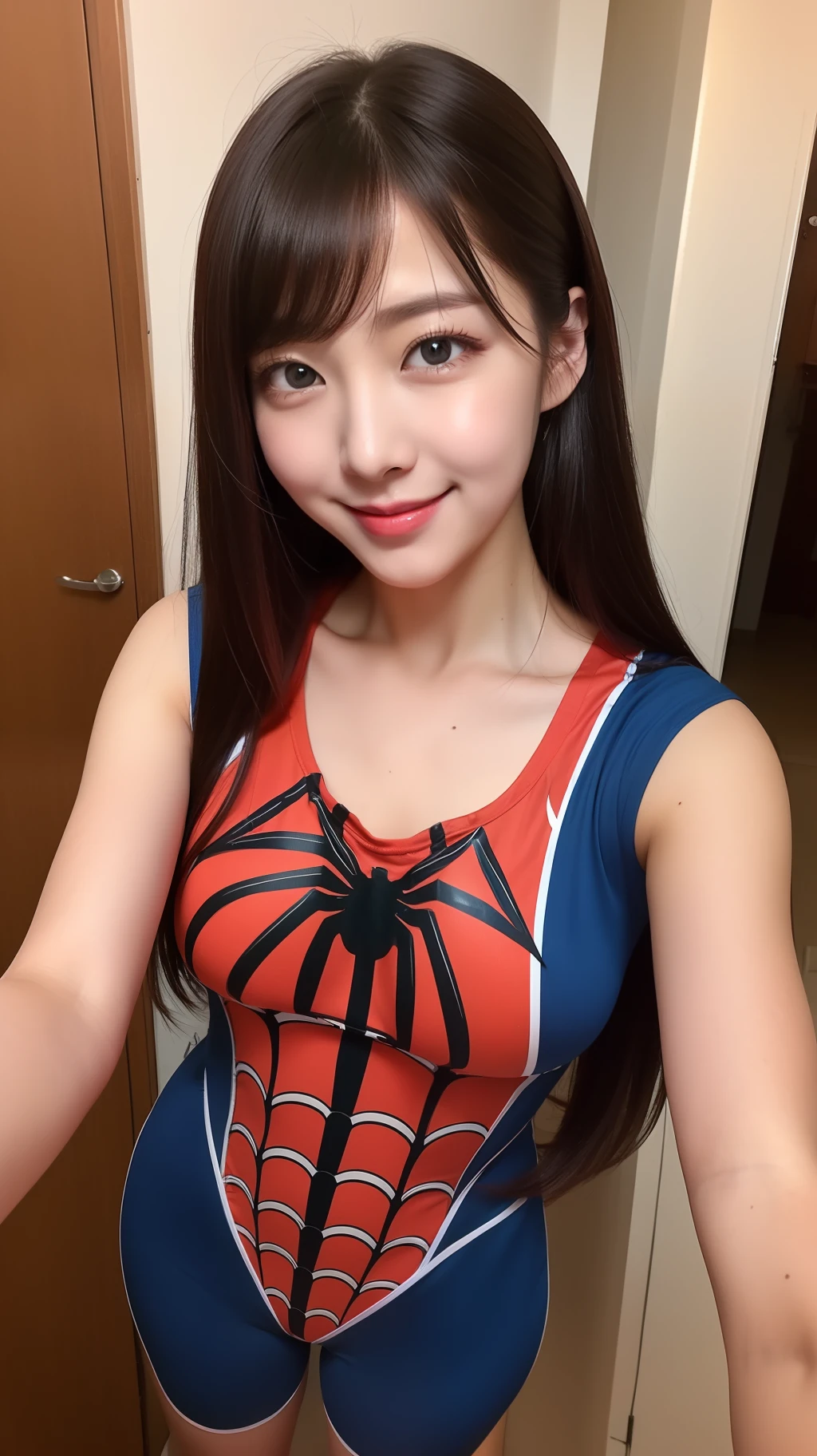 realistic photos of (1 cute Korean star) straight hair, thin makeup, medium breasts size, slightly smile wearing spider man costume, selfie, in the room