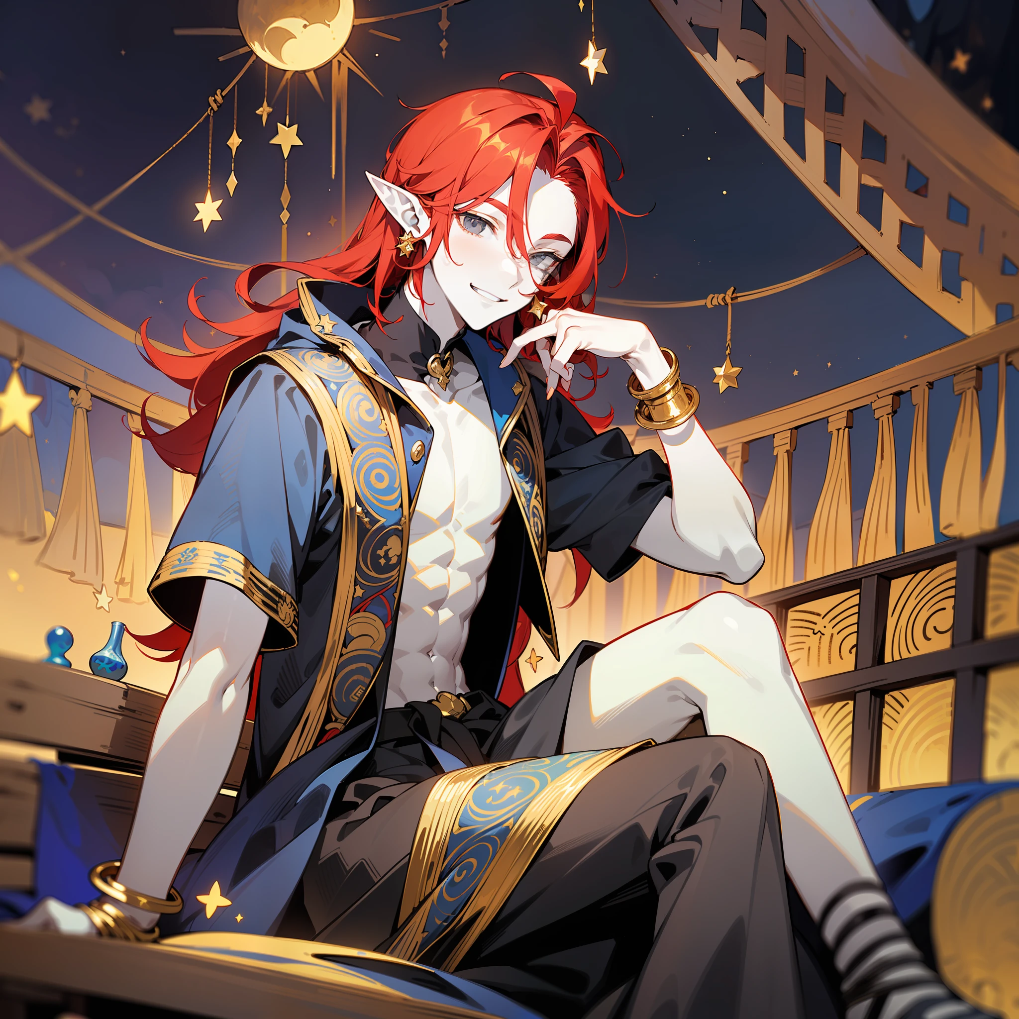 young man, (((male))), man, (((one person))), single, solo,  1guy, (((very pale skin))), ((pale skin)), (((red hair))), ((red colored hair)), (((grey colored eyes))), long hair, (((slim body))), twink, (((flat chest))), (((fantasy style))), ((black colored fabric)), (((indigo colored fabric))), (((patterns on fabric))), ((magical patterns on clothes)), ((fantasy patterns on clothes)), ((golden details)), ((wearing golden accessories in his hair)), ((golden jewellery)), ((pointy ears)), (((grey eyes))), smooth skin, stars ornaments, sun moon ornaments, stars decoration, (male face), smiling, circus tents in the background, nighttime, campfire, ((sitting on a wooden crate)), a few trees, colorful lines of fabric hanging over the crate, patterned fabric draped over the crates, circus in the background