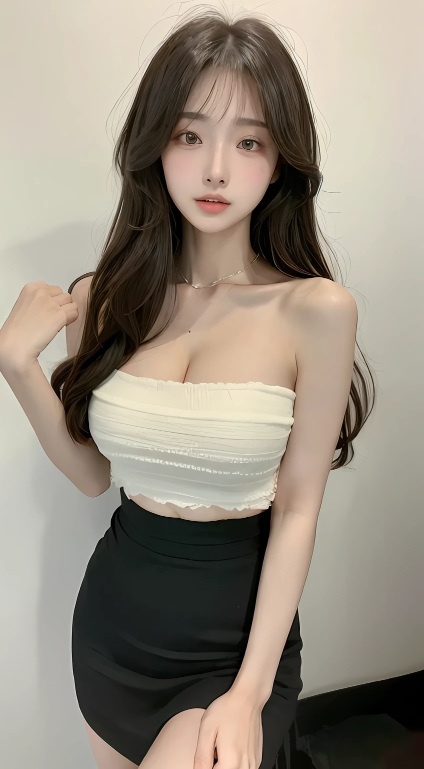 perfect figure beautiful woman：1.4，Layered Hair Style，Protruding cleavage：1.2，Bandeau：1.5，Three-point skirt，Highly Detailed Face and Skin Textur，二重まぶた，Whiten the skin，long whitr hair