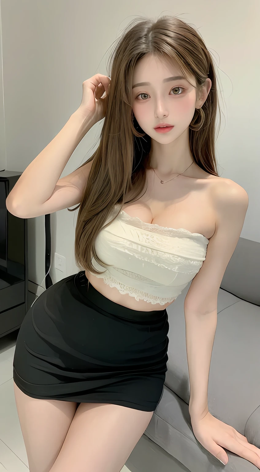 perfect figure beautiful woman：1.4，Layered Hair Style，Protruding cleavage：1.2，Bandeau：1.5，Three-point skirt，Highly Detailed Face and Skin Textur，二重まぶた，Whiten the skin，long whitr hair