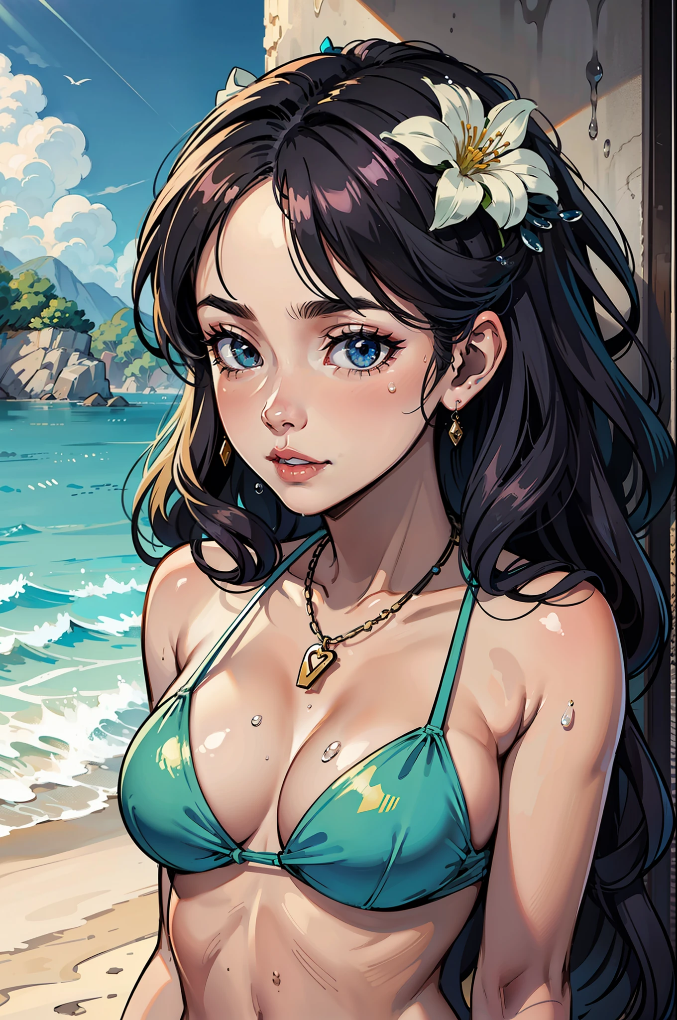 Sexy Lolita Bikini beauty sister on the beach,She wears a beautiful flower on her head,There are a little drops of water on the body,Hang beautiful jewelry around your neck!
