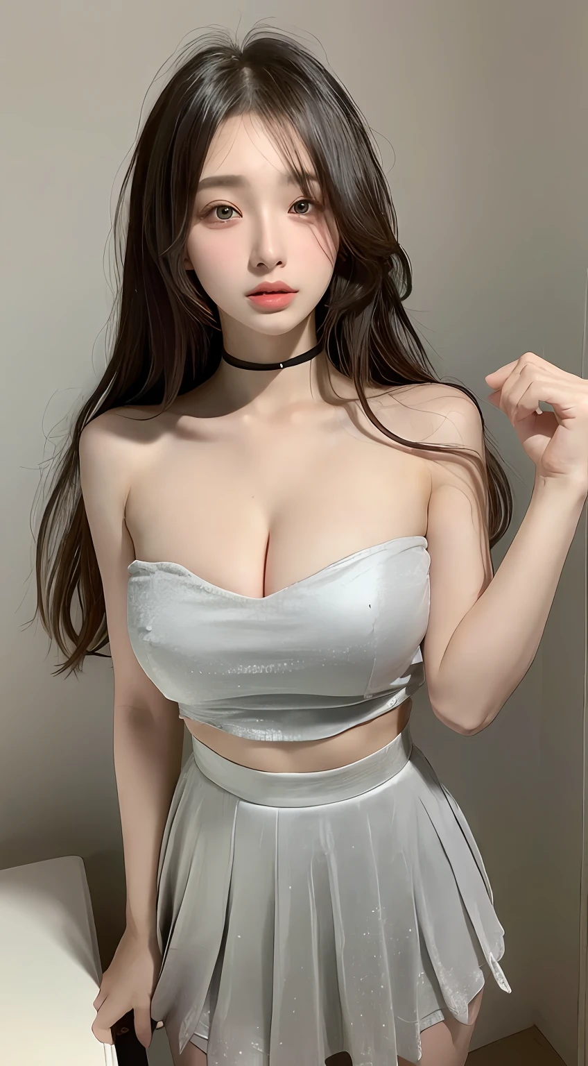 perfect figure beautiful woman：1.4，Layered Hair Style，Protruding cleavage：1.2，Bandeau：1.5，Three-point skirt，Highly Detailed Face and Skin Textur，二重まぶた，Whiten the skin，long whitr hair