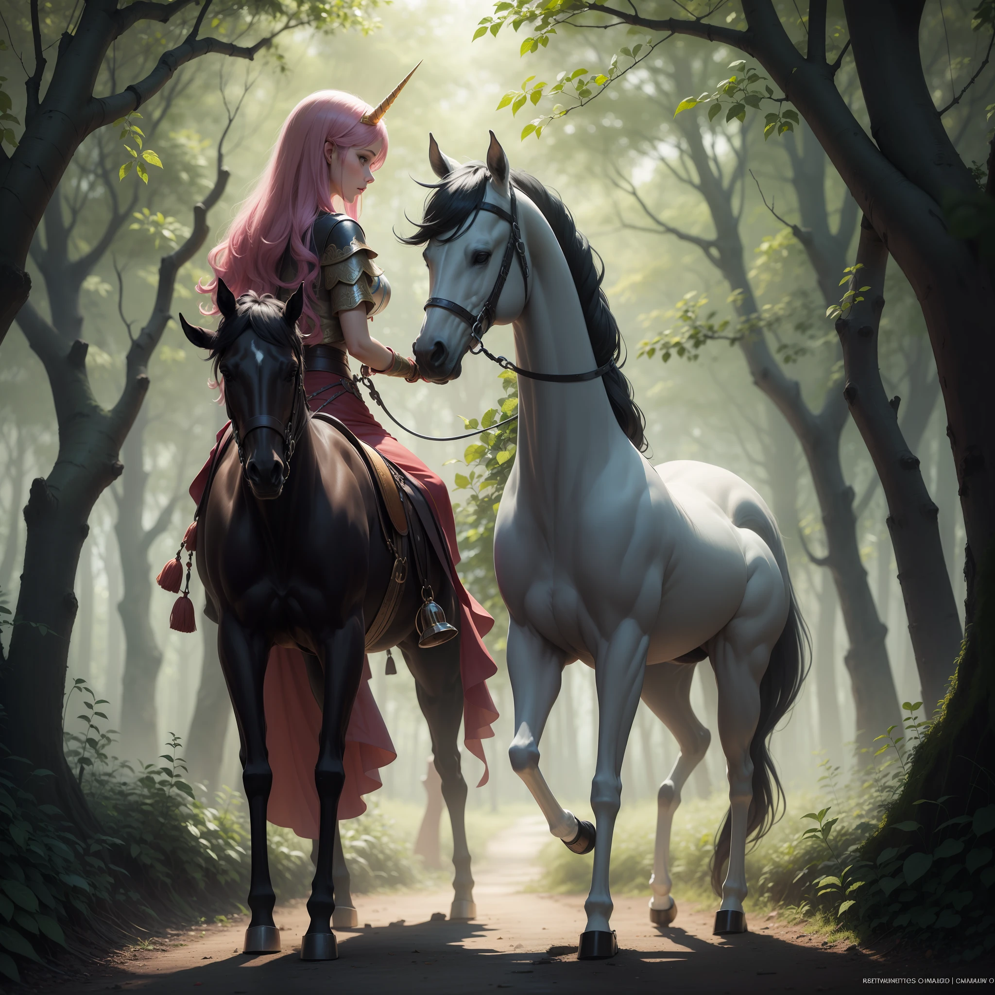 "Record the encounter between a mythical animal and a person in the enchanted forest. Swap horses for unicorns. Adicione outros animais nas matas. Intensifique com cores vibrantes. imagem bem realista. 16k. qualidade superior. Mantenha a mulher no cavalo. Expanda o tamanho da floresta.