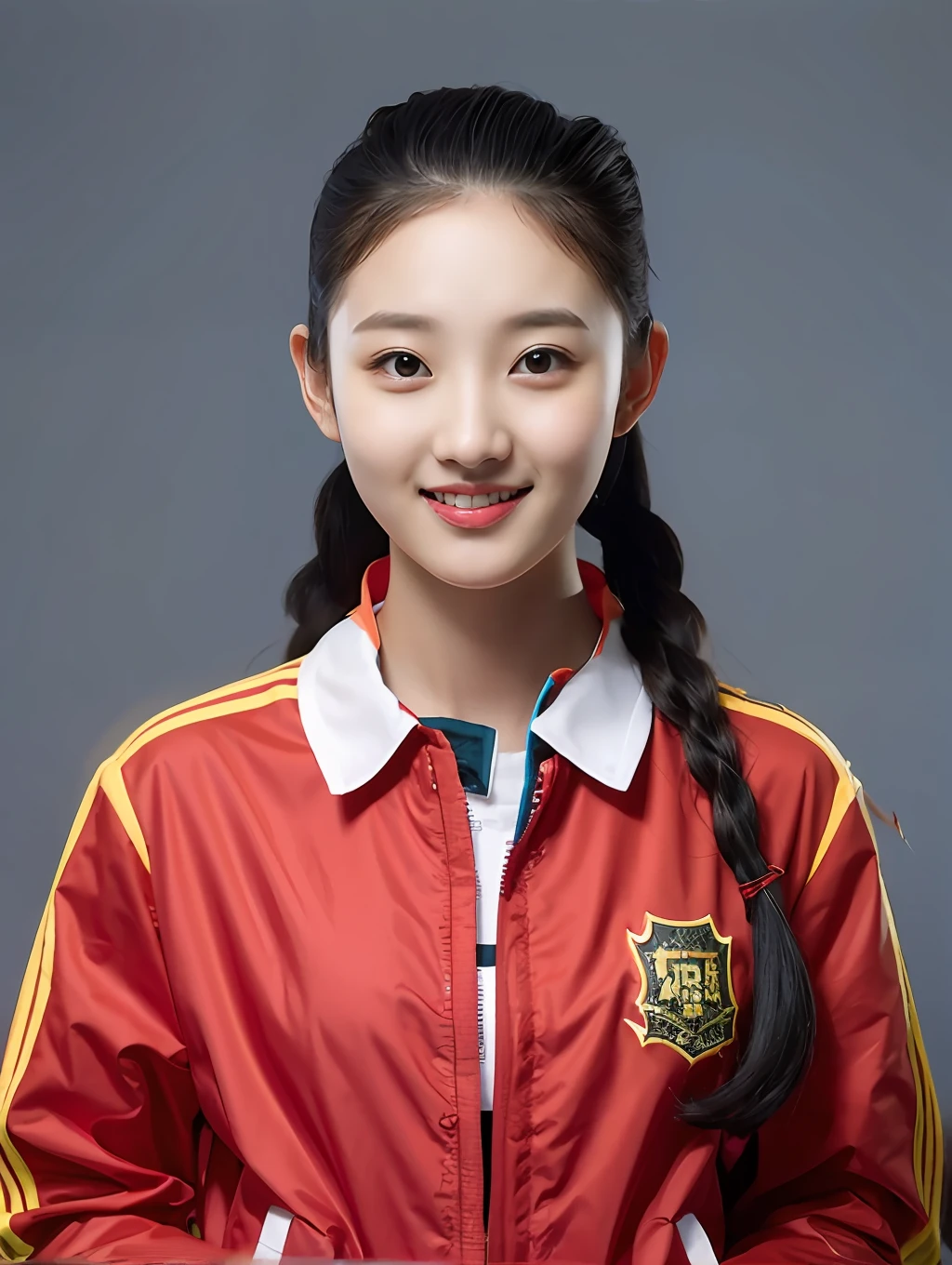 A 16-year-old Chinese female high school student,Dark green and red jacket